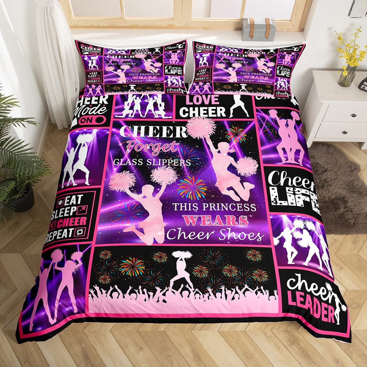 Feelingyou Girls Cheer 01 Cheer Dance Duvet Cover,Children Geometric Checkered Bedding Set,Cheerleaders Comforter Cover For Kids Room Decor,Women Stage Neon Lighting Bedspread Cover King Size With 2 Pillow Cases