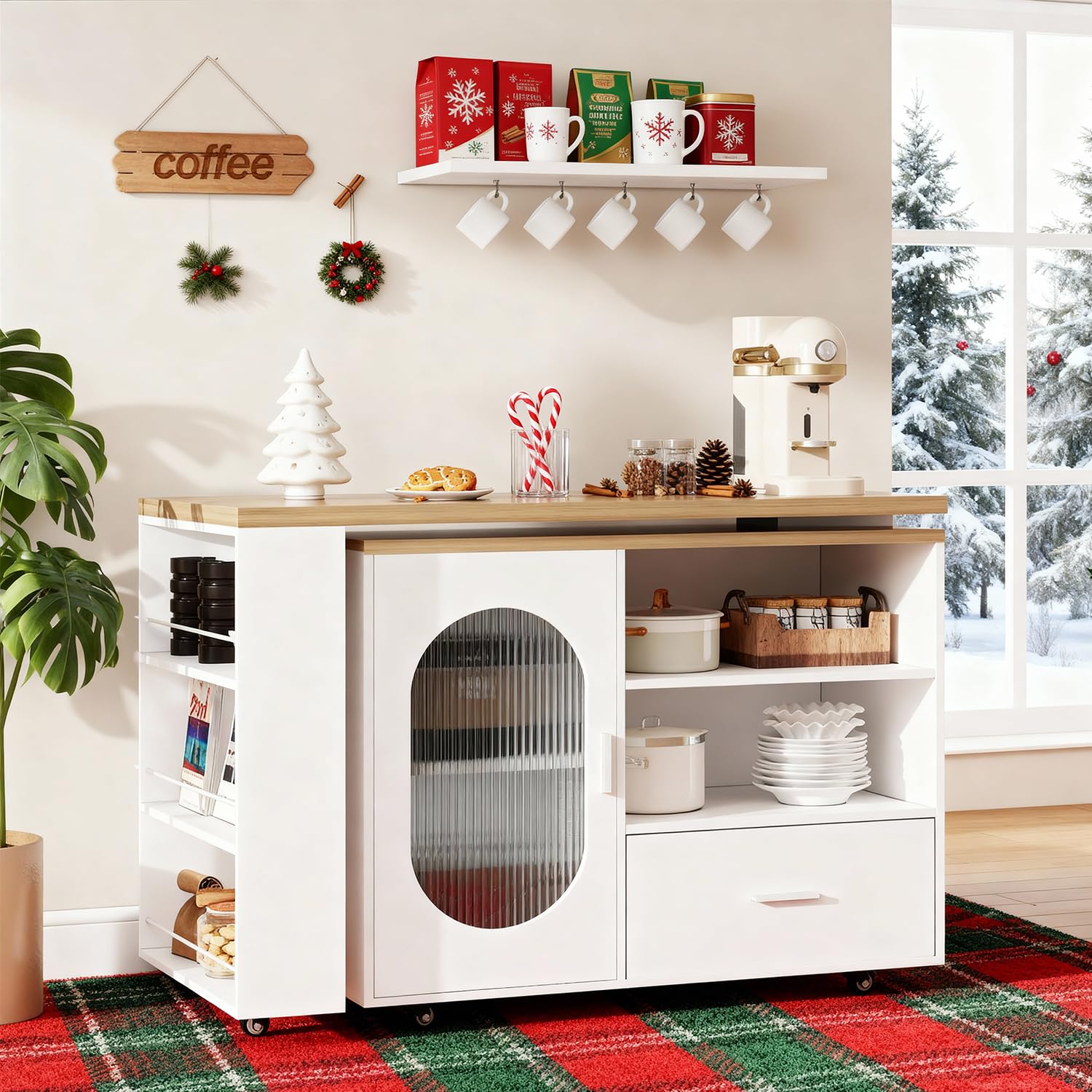 IBF Isola Cucina Indipendente Con Piano Di Lavoro Su 7 Ruote Armadio Cucina Carrello Cucina Isola Cucina Moderna Mobile Con Piano In Legno Girevole 360 Gradi E Cassetto Bianco 184 cm