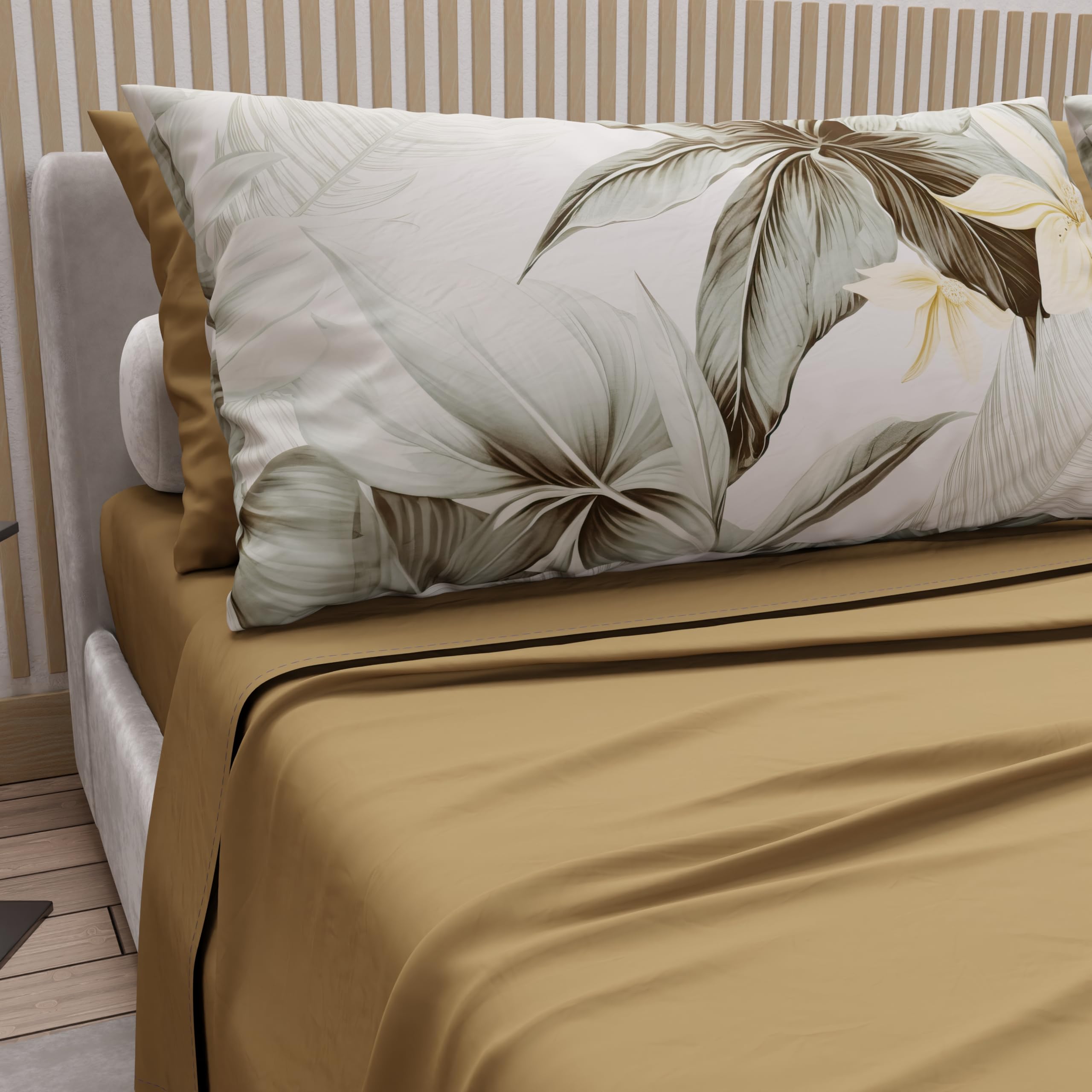 PETTI Artigiani Italiani - Cotton Sheets with Pillowcases in Digital Print, Single Sheet, Floral Design 19 Taupe, 100% Made in Italy