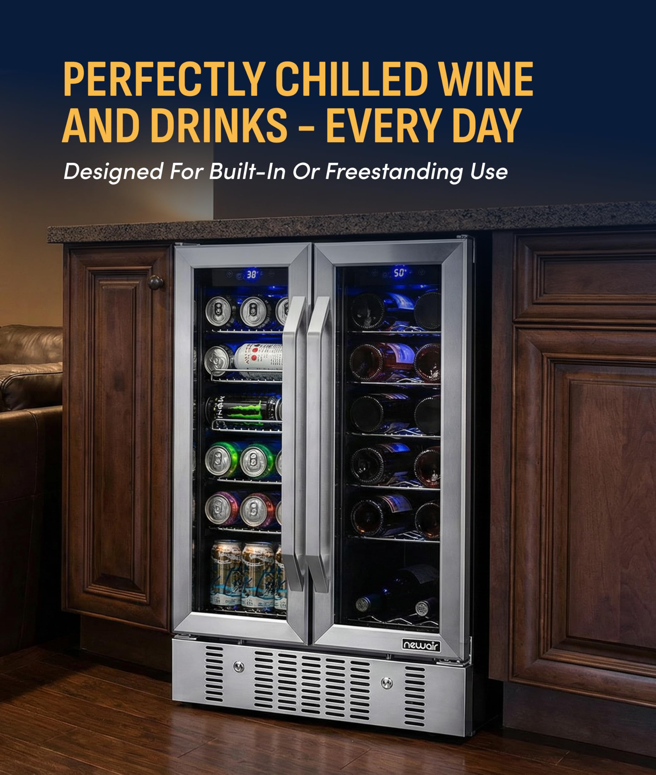 NewAir 24" Dual Zone Beverage Refrigerator & Wine Cooler for 18 Bottles & 60 Cans | Freestanding or Built-In Under Counter Mini Fridge for Beer, Wine and Soda | Stainless Steel on Fridge.com