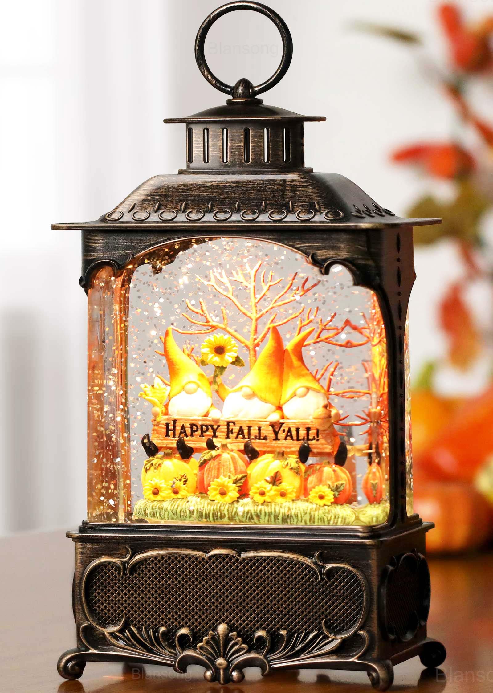 Blansong Fall Snow Globe Lantern Gnome Snow Globe Fall Decorations for Home Autumn Harvest Decor with Timer, USB and Battery Powered Sunflower Pumpkin Autumn Tree 10.2 inch