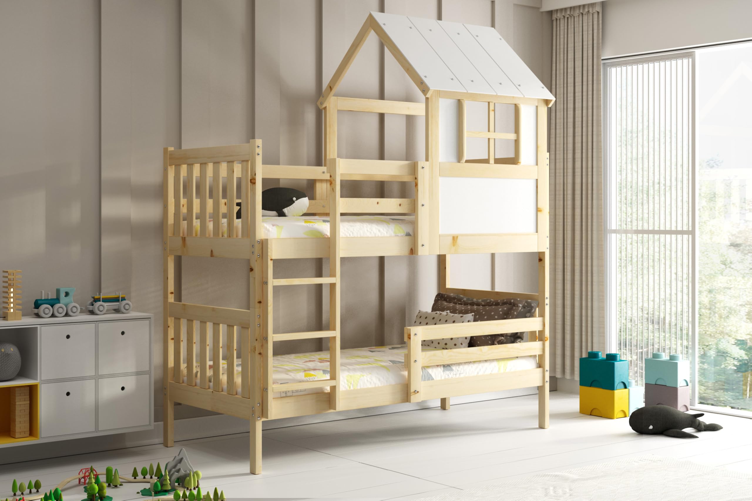 Interbeds Lit superposé 90x190 Cabane Kacper Bois Massif Naturel 2 Places Barrière de sécurité Sommier Séparable en 2 Lits Simples sans Matelas