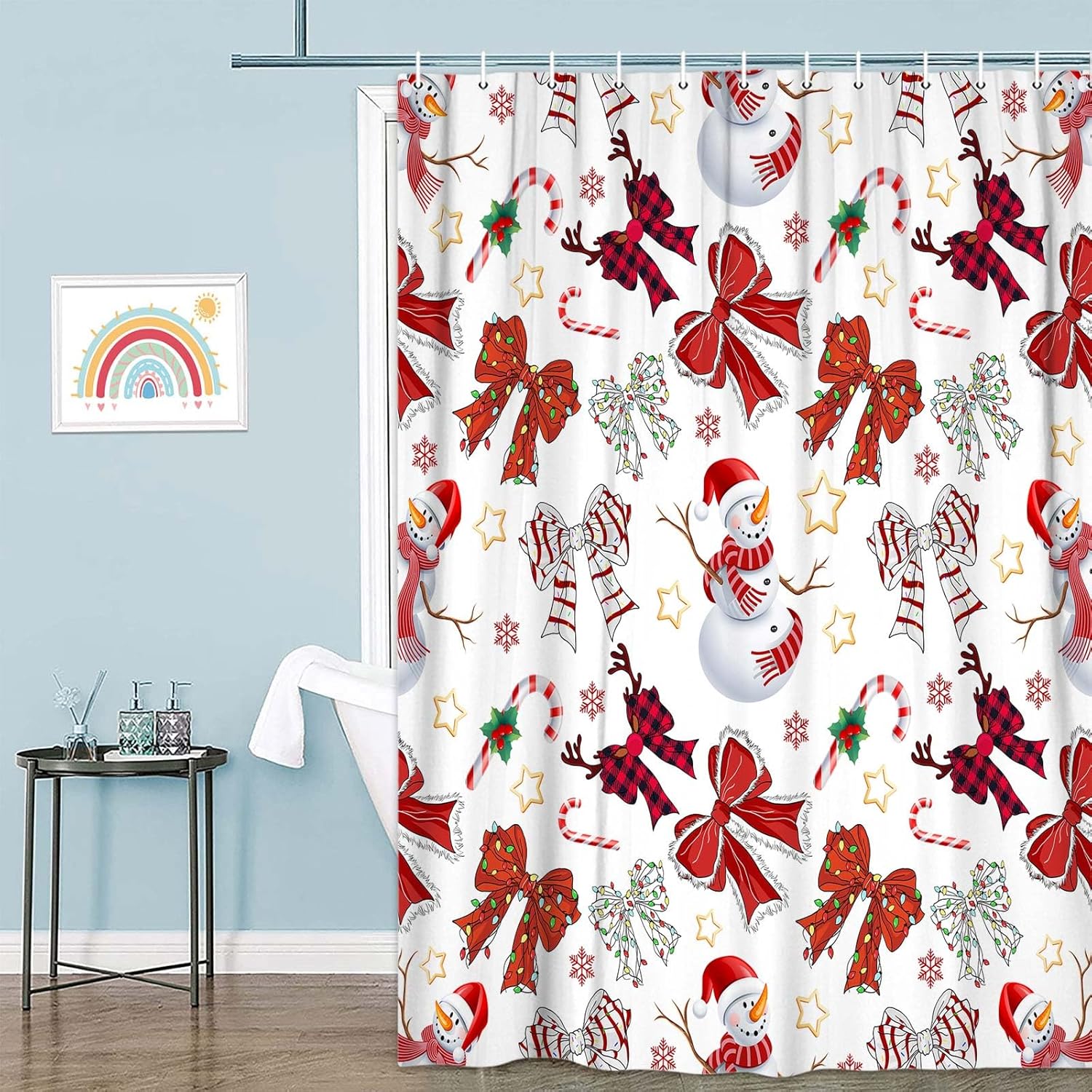 JAWO Christmas Shower Curtain for Bathroom, Red Xmas Snowman Snowflake Bows Shower Curtains, Waterproof Polyester Christmas Winter Bath Curtain Decor with Hooks,72X75