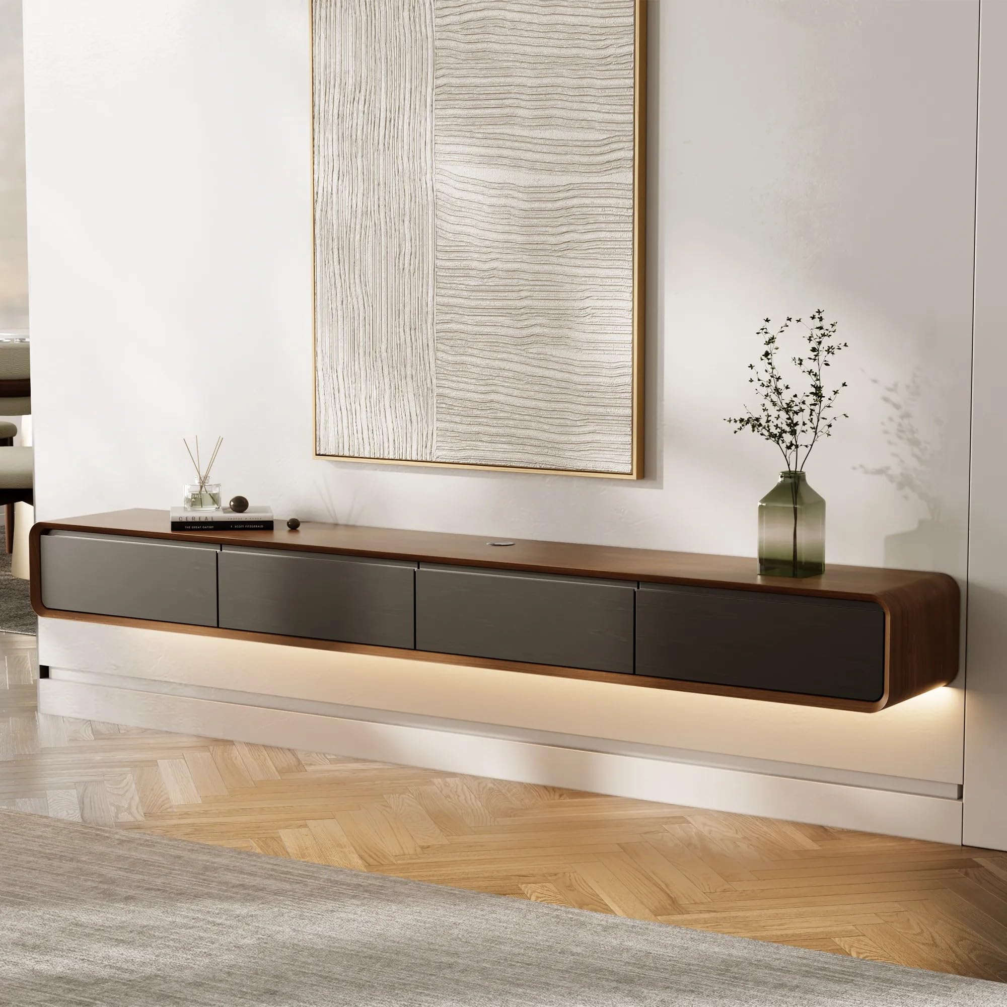 POVISON TV Schrank Schwebend 240cm mit LED Modern Schwarz & Walnussholz