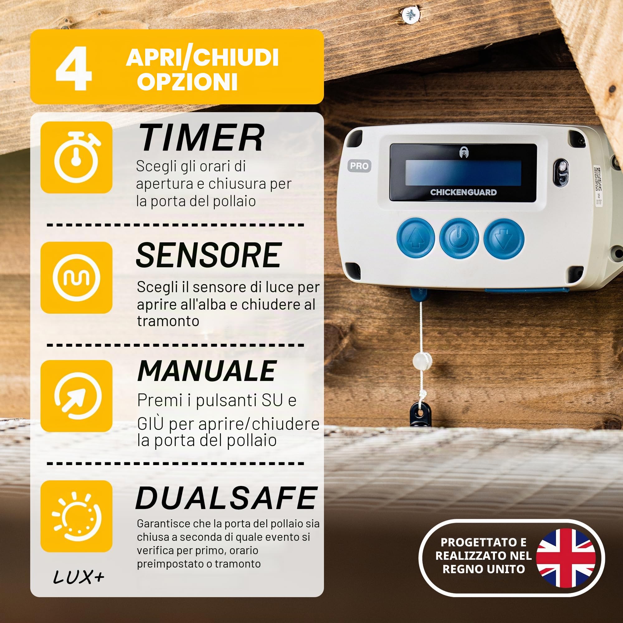 Apertura automatica della porta del pollaio ChickenGuard, alimentata da solare/batterie/elettrico. Timer/sensore di luce; solo unità motore o kit combinati. (PRO + Batterie)