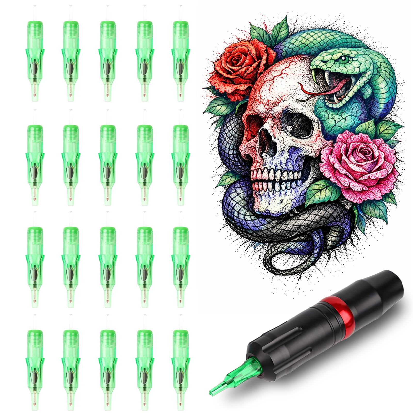 GBK 20pcs Tattoo Ball Point Pen Cartridges, Ballpoint Pen Tattoo Cartridge with Strong Spring & Wax Seal, Tattoo Practice Pen for Paper Drawing, Dot Work, Beginners & Artists (Green) โ image 1