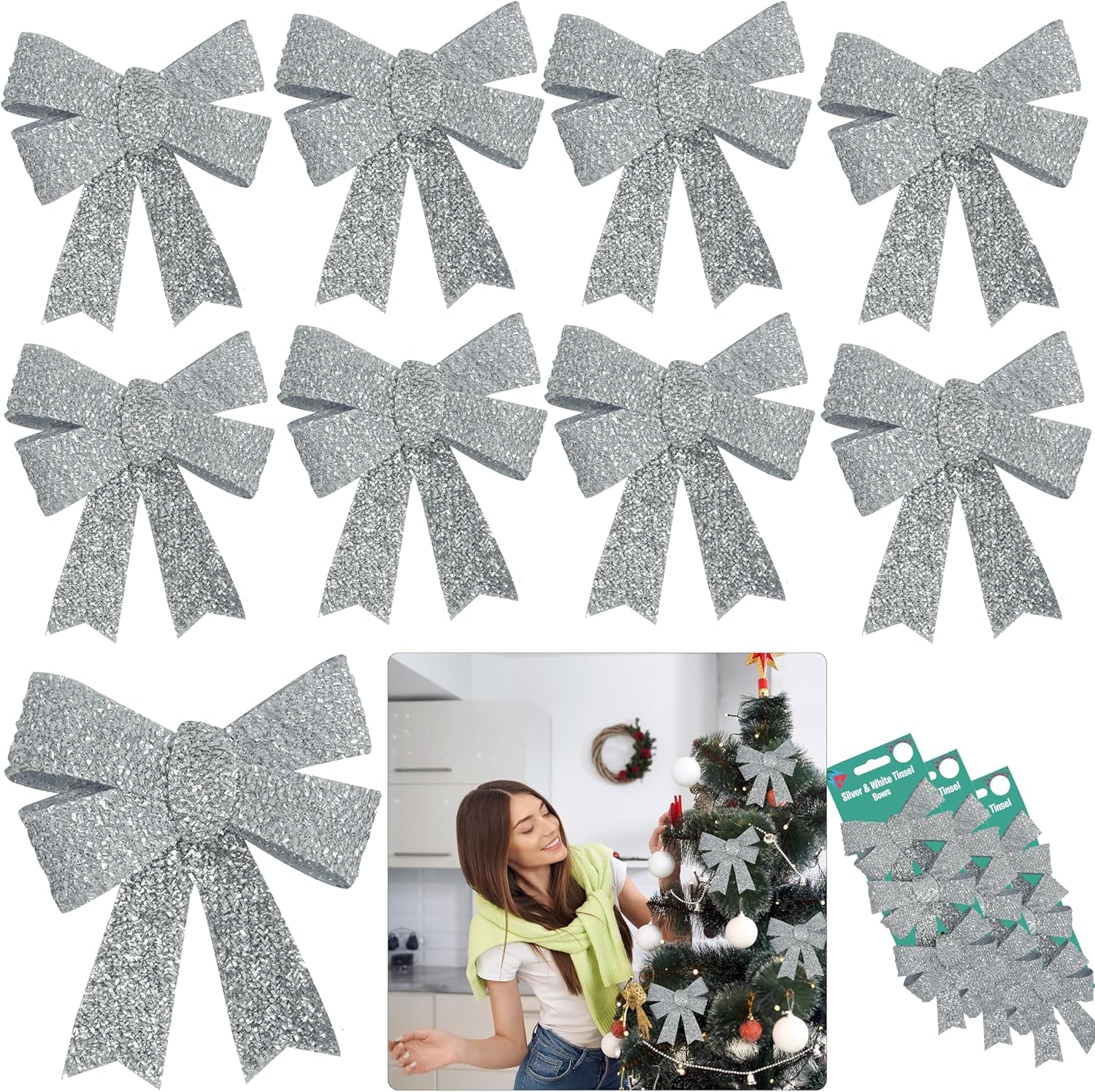 SRV Hub 9PCs Luxury Christmas Bows, Silver PVC Glitter Bows for Christmas Tree Decor, Xmas Ornaments for Home & Gifts