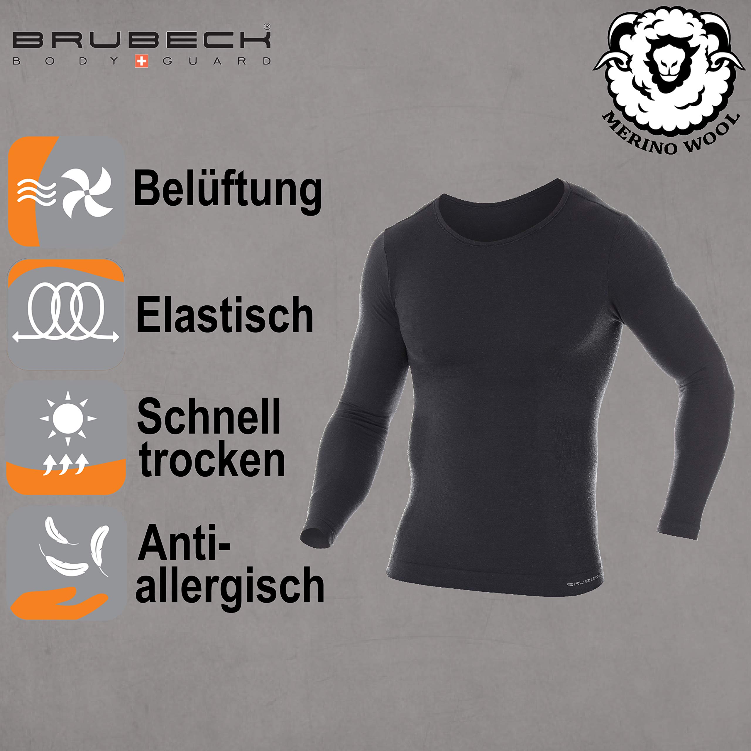 BRUBECK Camicia a Maniche Lunghe da Uomo | Maglietta Intima Funzionale | 41% Lana Merino | LS11600 | Grigio Scuro | L