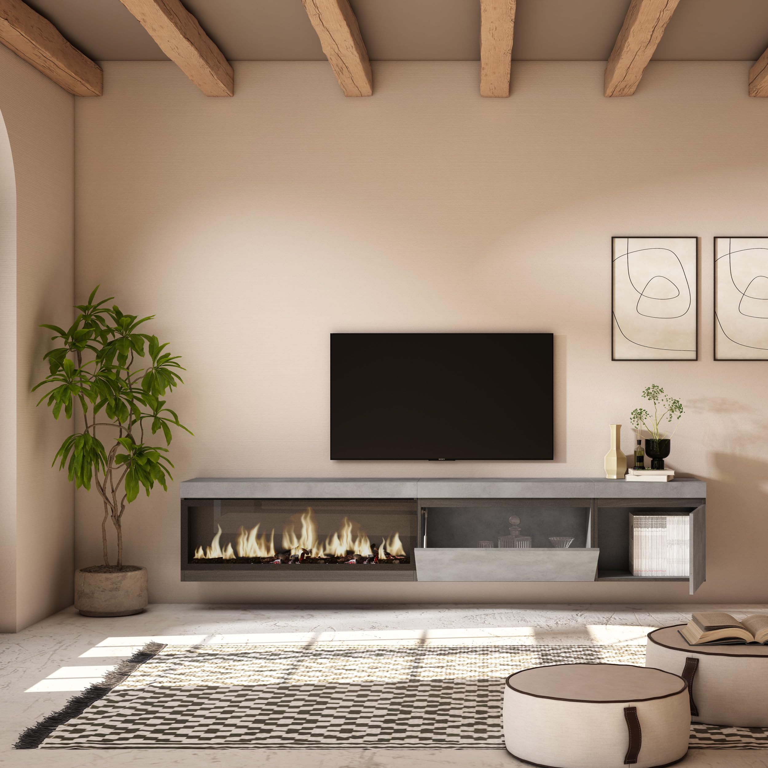 Skraut Home | Mueble TV | Televisión | Muebles de salón, almacenaje | 237x45x35 cm | para TV Gran Formato | Chimenea eléctrica XXL | Colgado, Suspendido | Estilo Moderno | Cemento