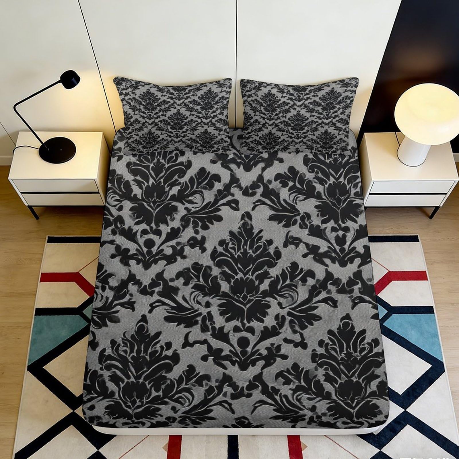 Pnayamiorkfel Style-9 3D Printed Baroque Damask Fitted Sheet Microfiber Soft Black Grey Mattress Cover For Bedroom Guest Room Decoration 90X200x25cm