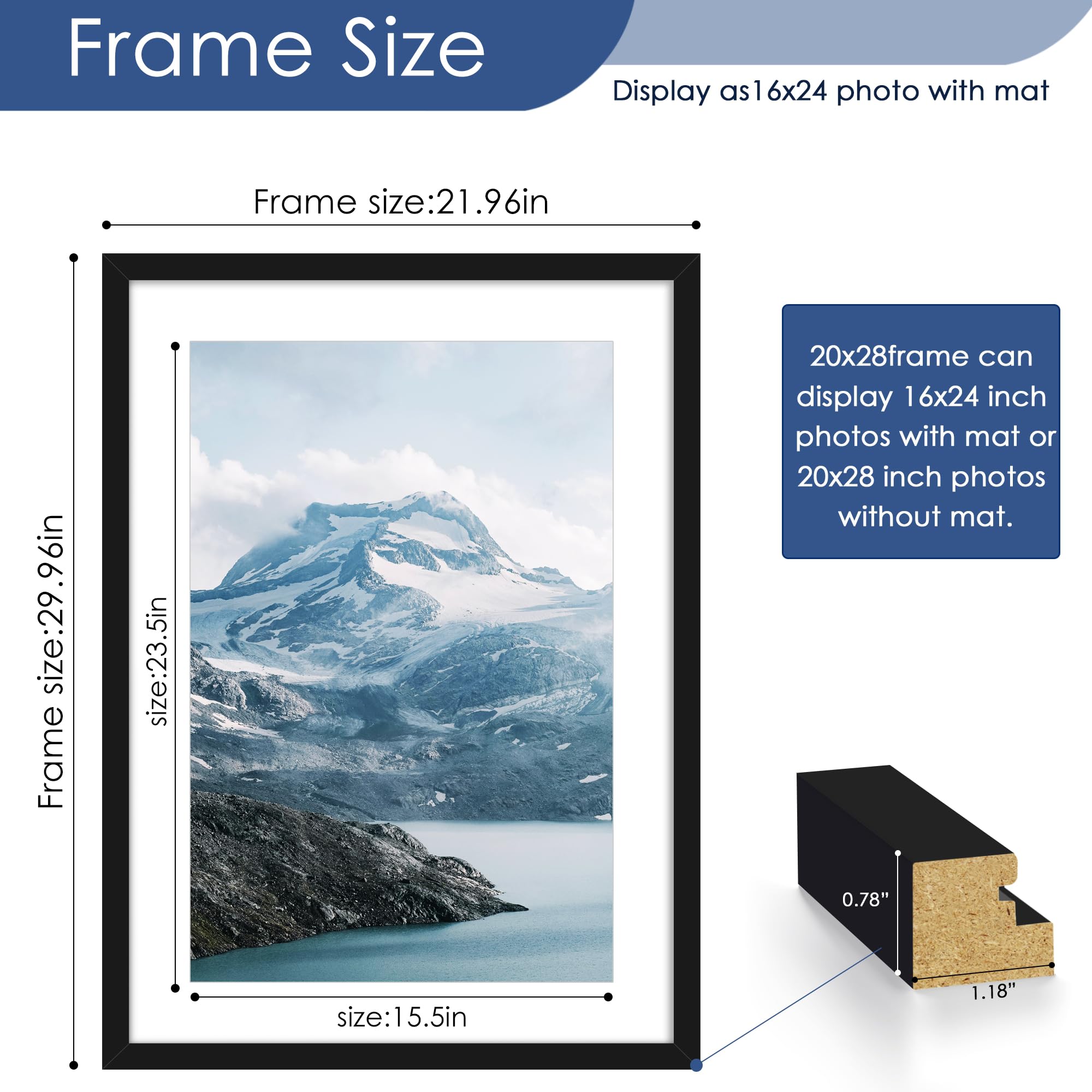 PEALSN 20x28 Picture Frame Set Of 2 – Black Poster Frames For 16x24 With Mat Or 20x28 Without Mat