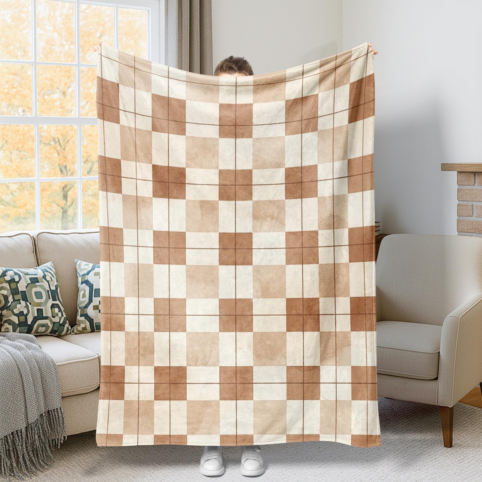 Couverture à carreaux marron automne plaid compact anti-froid pour lit et canapé