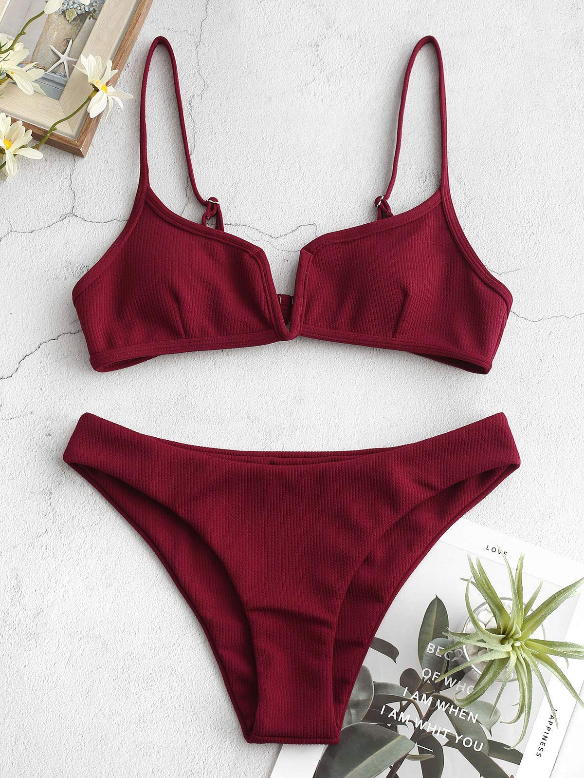 ZAFUL Set Bikini da Donna a V, Costume da Bagno in 2 Pezzi Tessuto a Costine Nodo Posteriore Singolo Colore