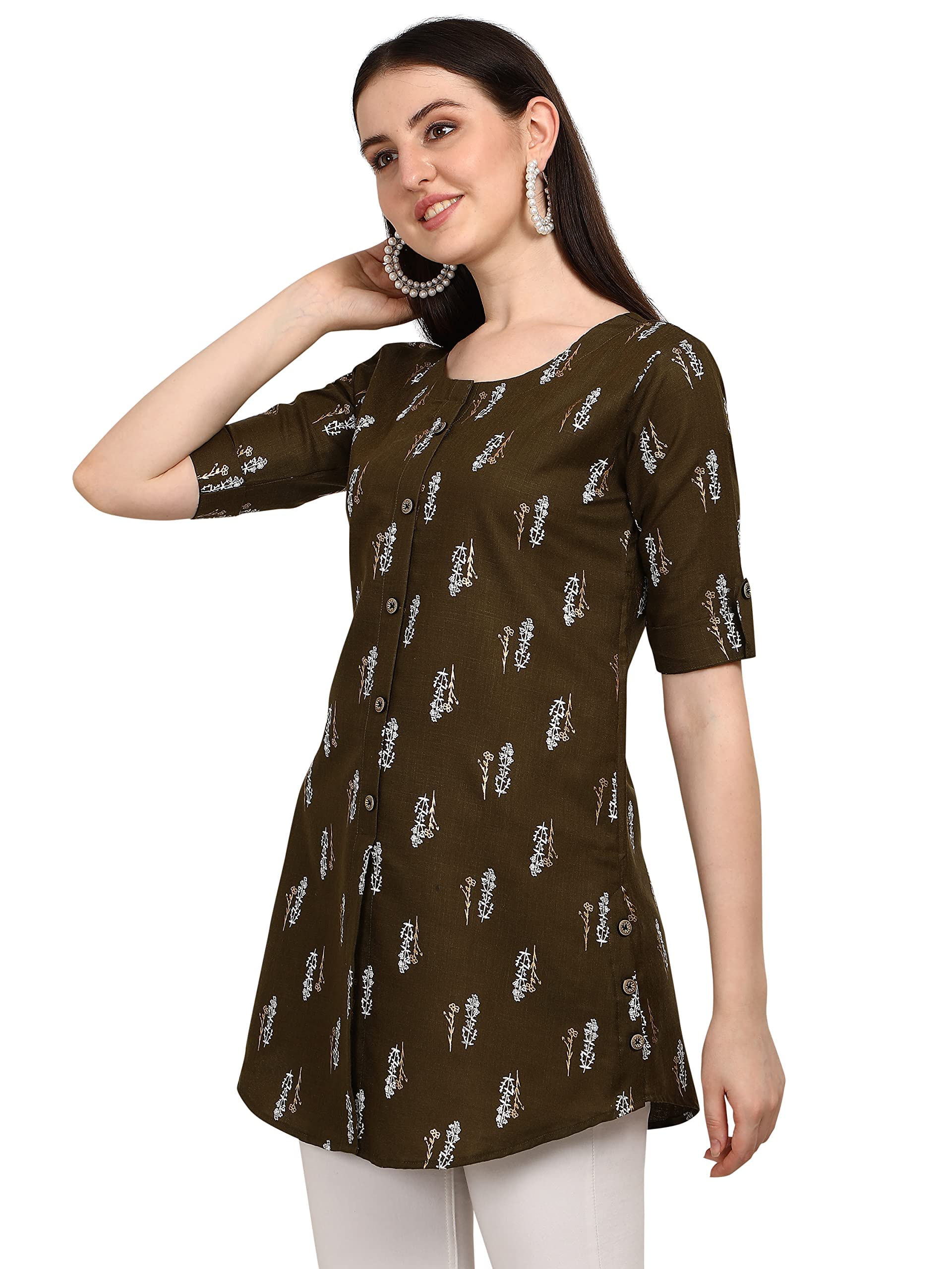 Leriya Fashion Rayon Fabric Printed Round Neck Short Kurtis For Women Top Dresses Kurti For Girls & Ladies Kurtis (Small, Brown)