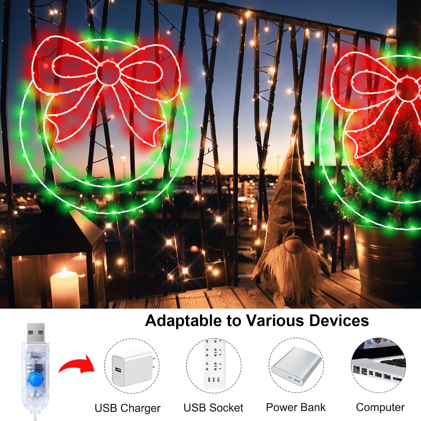 Zimati Lot de 2 guirlandes lumineuses de Noël de 34,3 cm à 82 DEL avec nœud, minuterie, télécommande USB, lumières de fenêtre pour porte, maison, fête de Noël