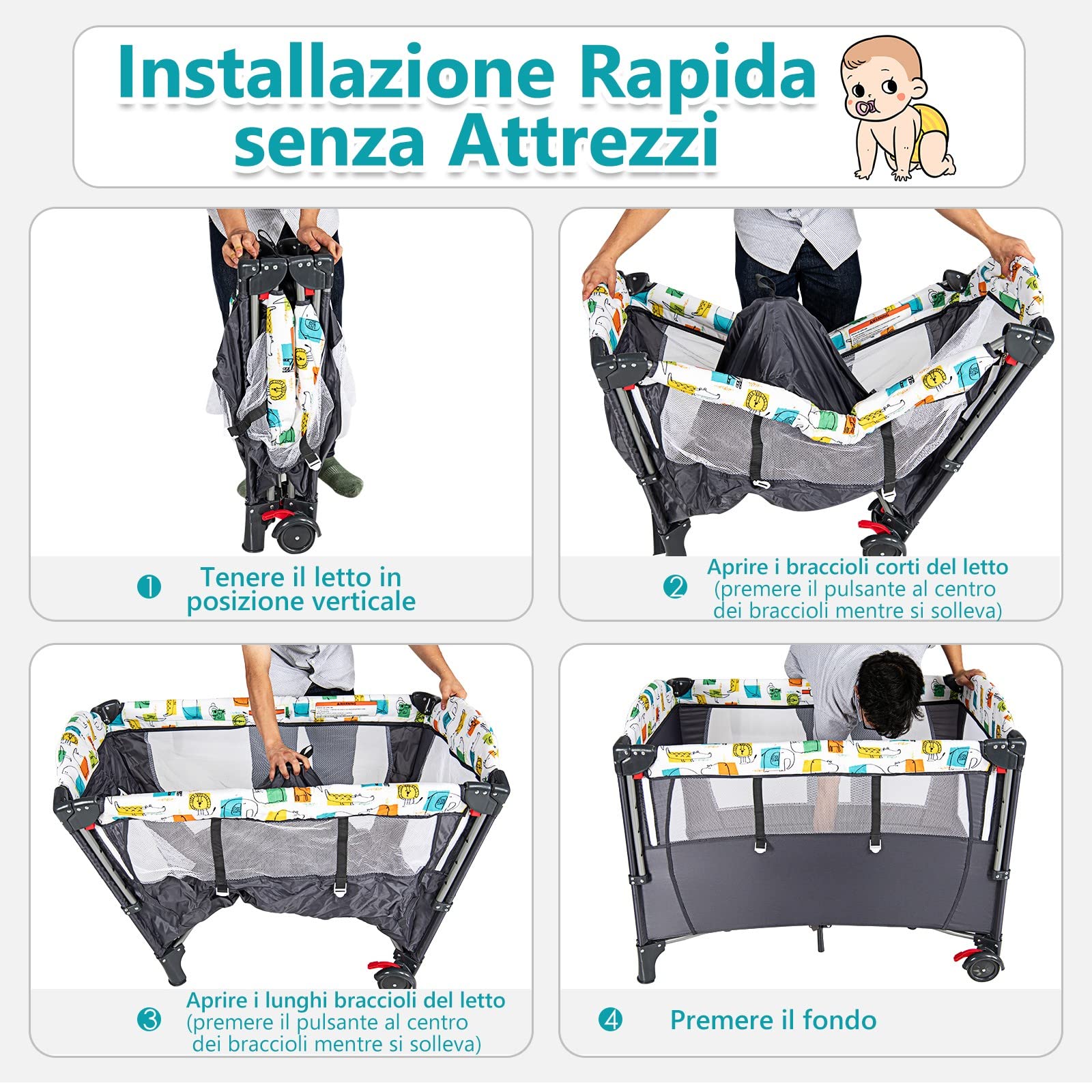 COSTWAY 5 in 1 Lettino da Campeggio per Bambini, Lettino con Materasso per Neonato, Culla da Viaggio con Fasciatoio, Altezza Regolabile, Ruote con Freno, per Bambini 0-36 Mesi (Grigio)