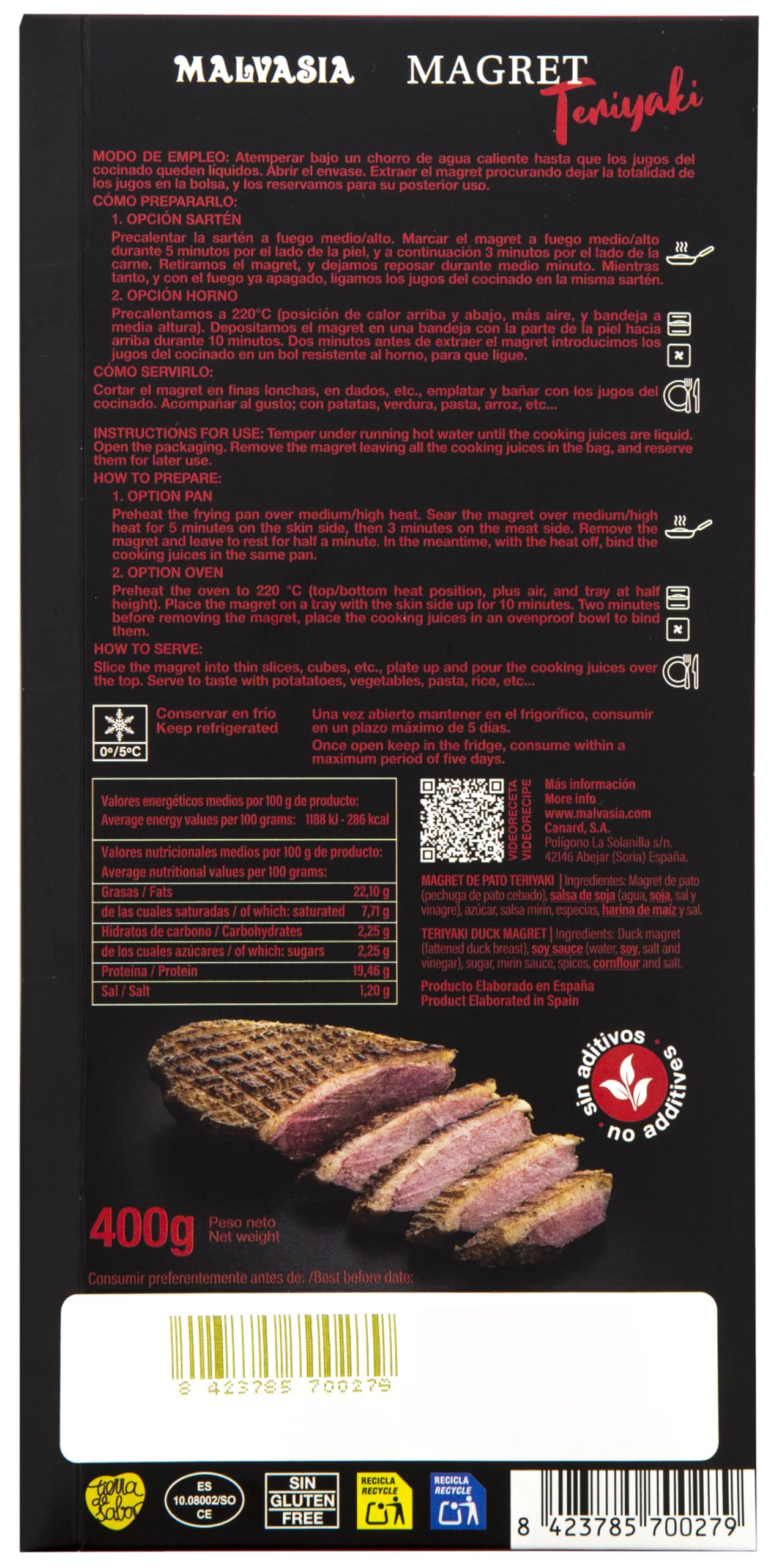 MALVASIA Magret de Pato "Calentar y Listo" - Magret de Pato TERIYAKI - 2 unidades *Plato Preparado Gourmet