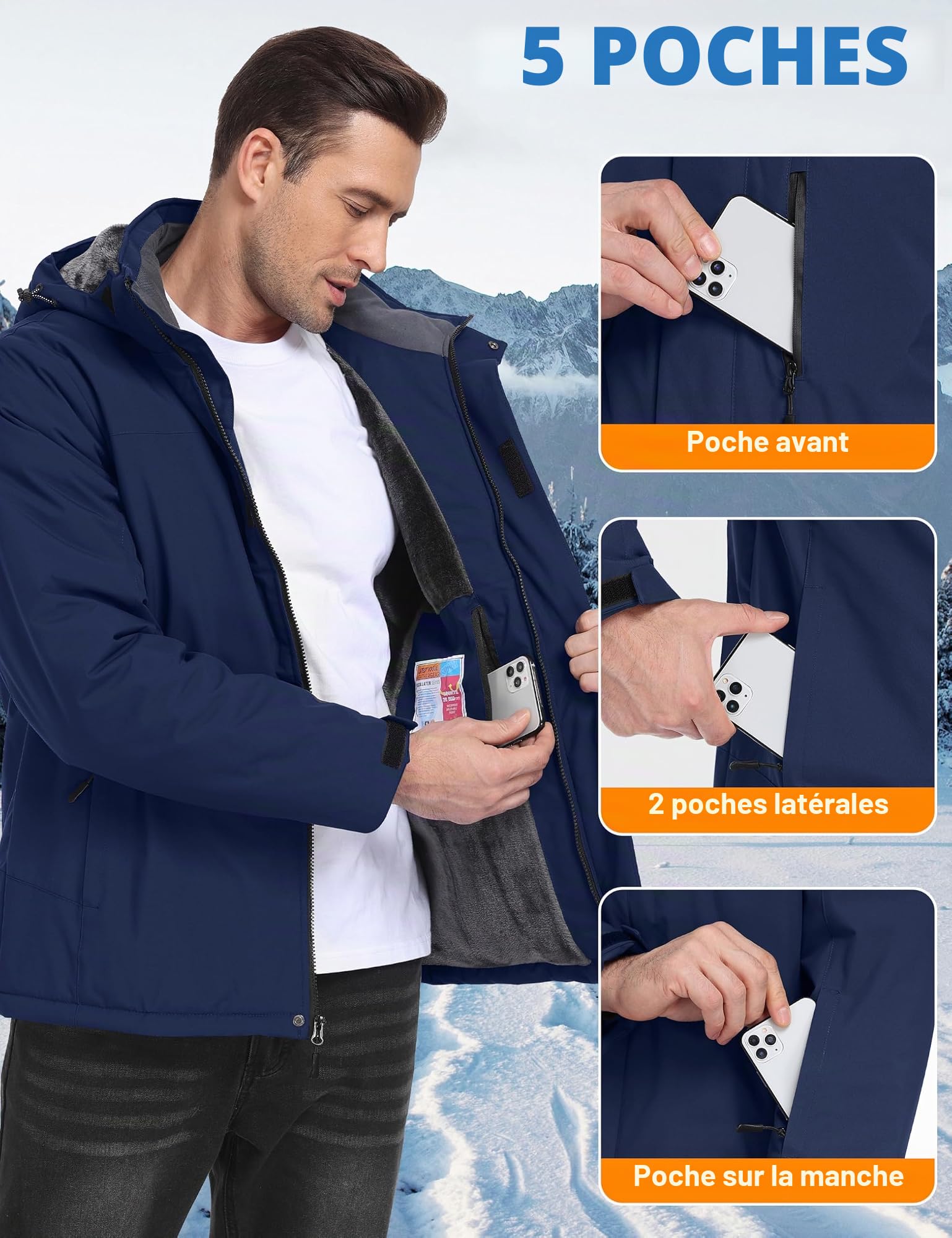 Zoofly Veste de Ski Homme Imperméable Manteau Homme Hiver Chaude Doublure en Polaire avec Capuche Amovible