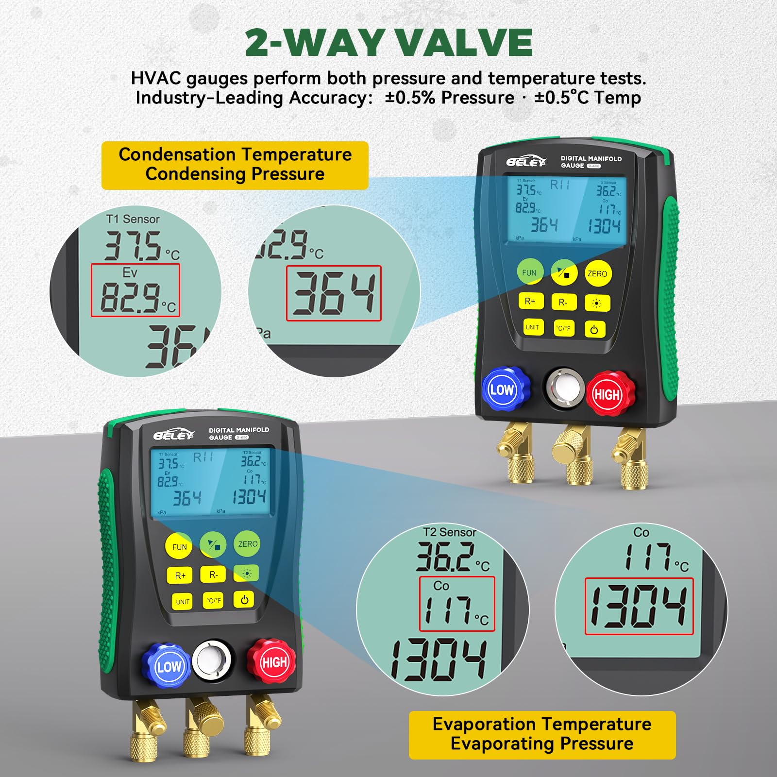 Digitales Manifold Gauge Set HVAC Manometer für 93 Kältemittel R410a R32 R22 Vakuumpumpe Klimaanlage Tester mit Temperatur-Clips 1.5m Schläuchen