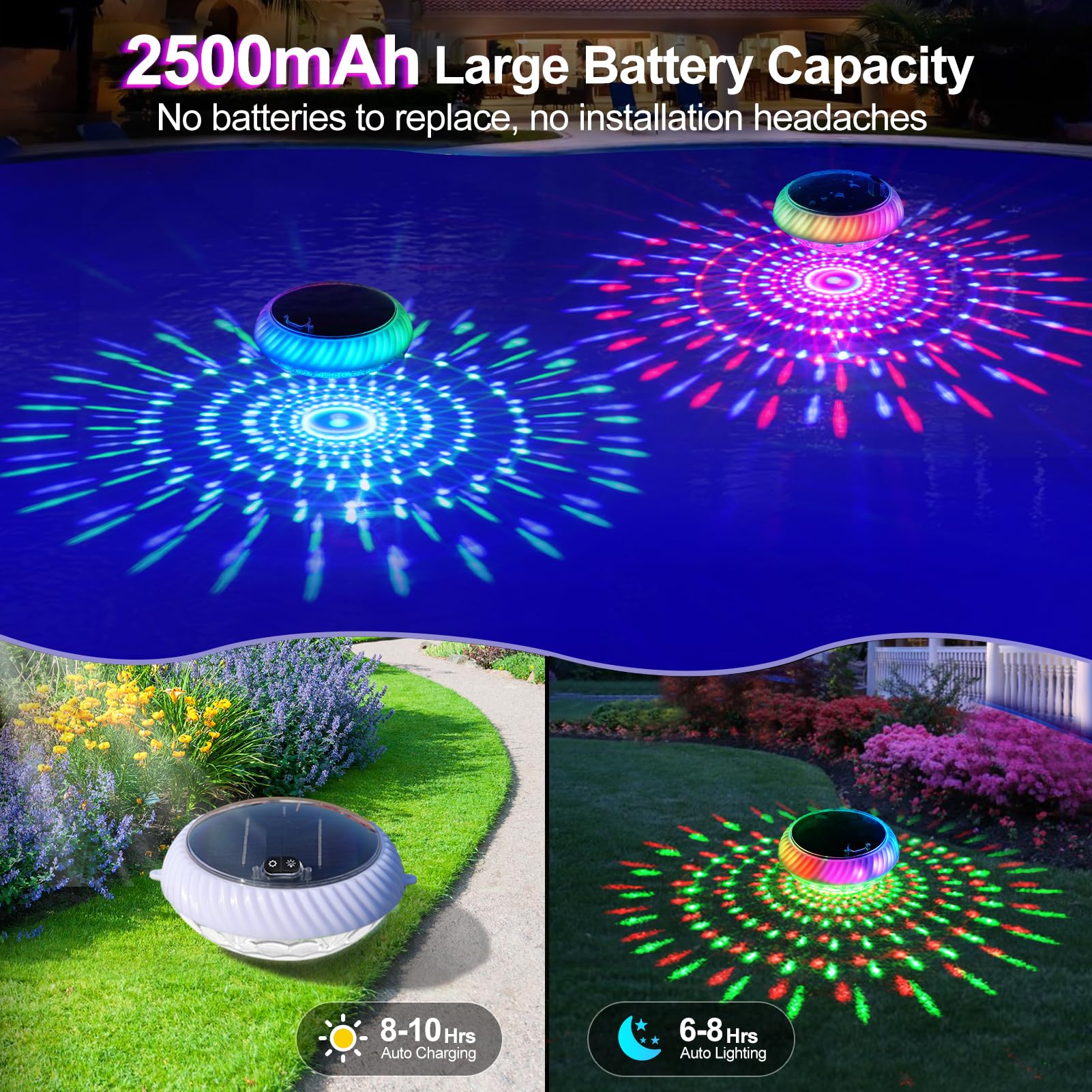 Askyli Luces flotantes para piscina alimentadas por energía solar con control remoto, luces solares RGB de 7.6 pulgadas que cambian de color que flotan con efectos de iluminación dinámicos, luz