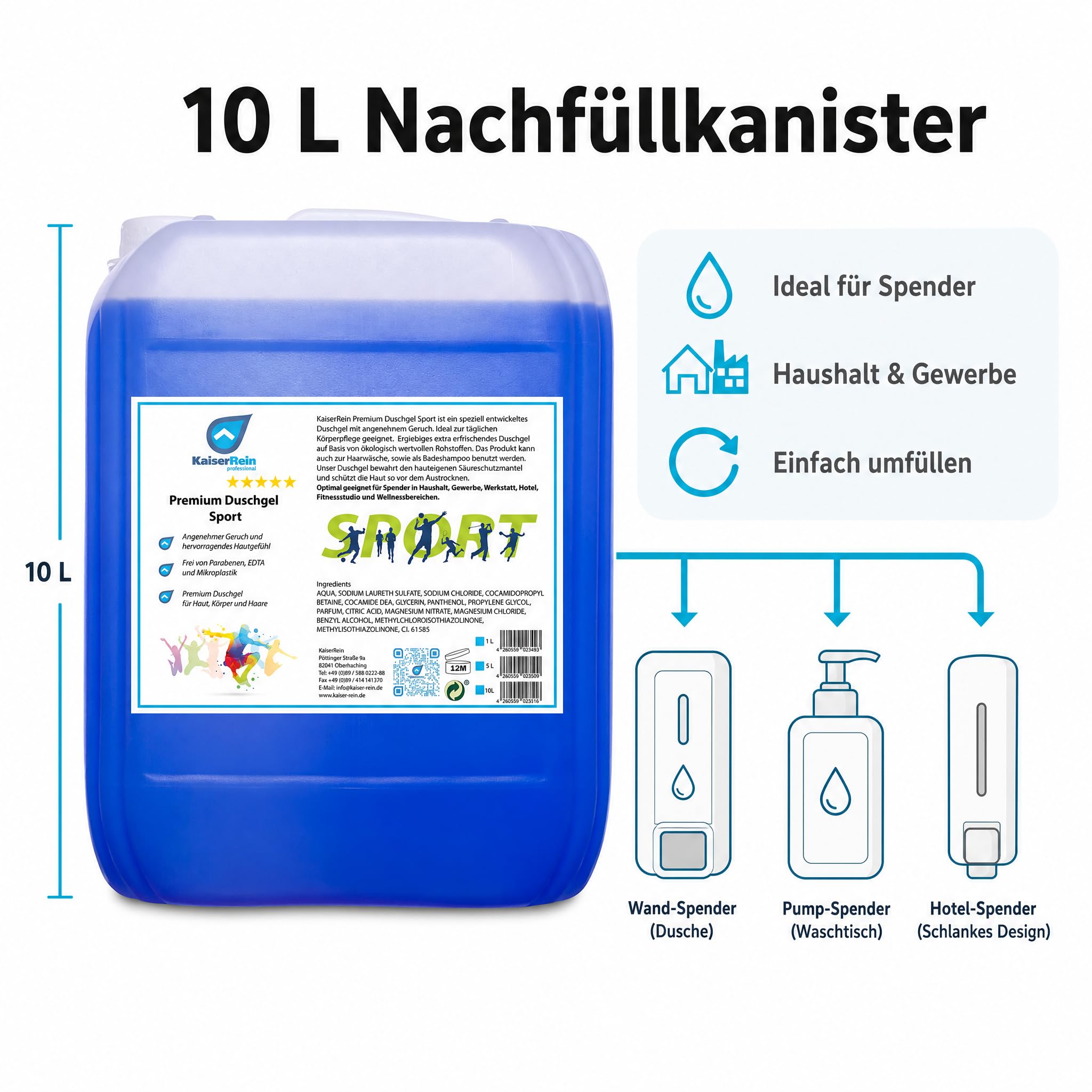 KaiserRein Duschgel Sport, Premium Duschgel für Herren und Damen, 10 L Kanister als Nachfüllpack für Spender, mikroplastikfrei, ohne Parabene und EDTA, für Körper, Haare & als Badezusatz