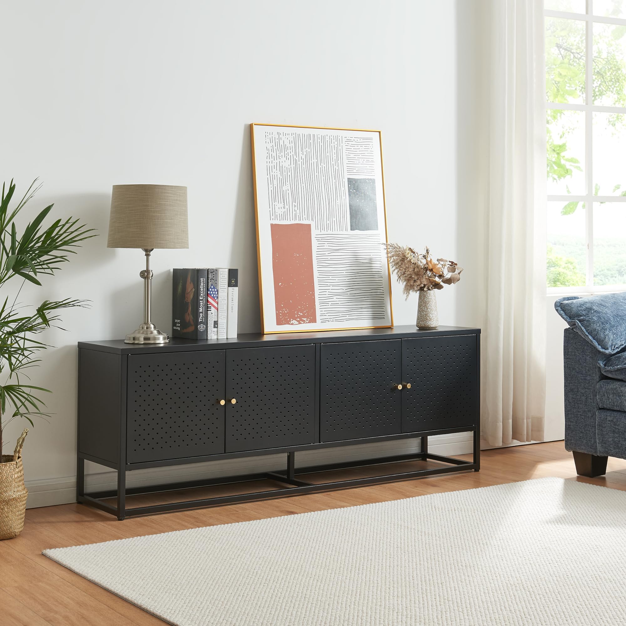 [en.casa] Mobile TV a 4 Ante con 2 Scomparti Chiusi Armadio Basso Porta TV con Foro Passacavi Stand TV Centri Multimediali 153 x 35 x 55 cm in Acciaio - Nero