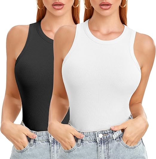SIMIYA Tank Tops for Women Ribbed Sleeveless Racerback Summer Basic Cami Top Shirt Round High Neck Slim Fitted Blouses