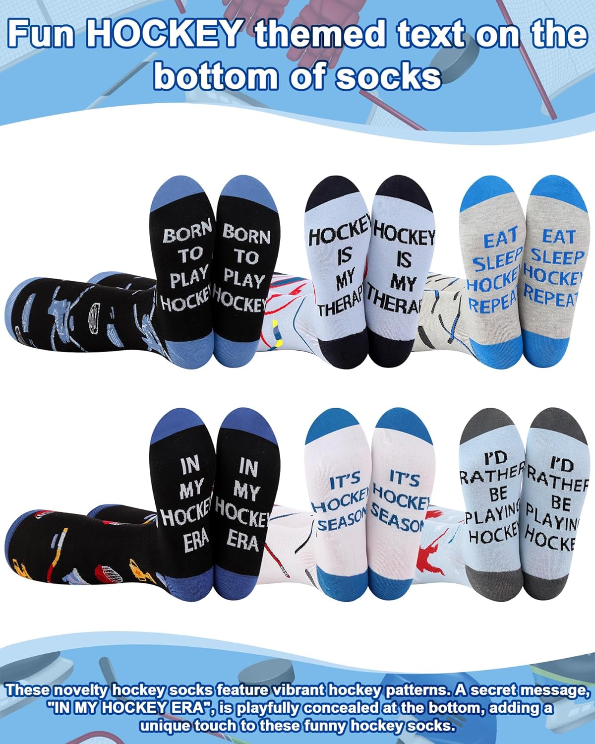 6 Pairs Funny Hockey Socks for Men Novelty Cotton Knee High Socks with Sticks & Trophy Patterns Winter Senior Night Gift for Hockey Team Player - Image 5