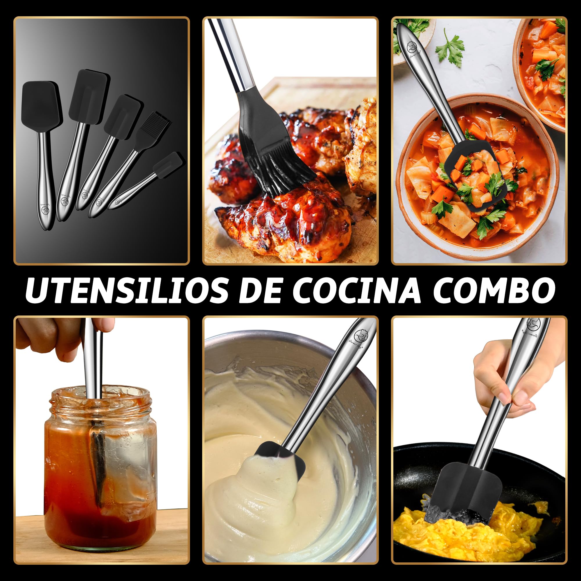 Gourmet Easy Juego de 5 Espátulas Silicona Inox, Resistente Calor (Black) | Espátula, cuchara de silicona y pincel de cocina, ideal para utensilios antiadherentes.