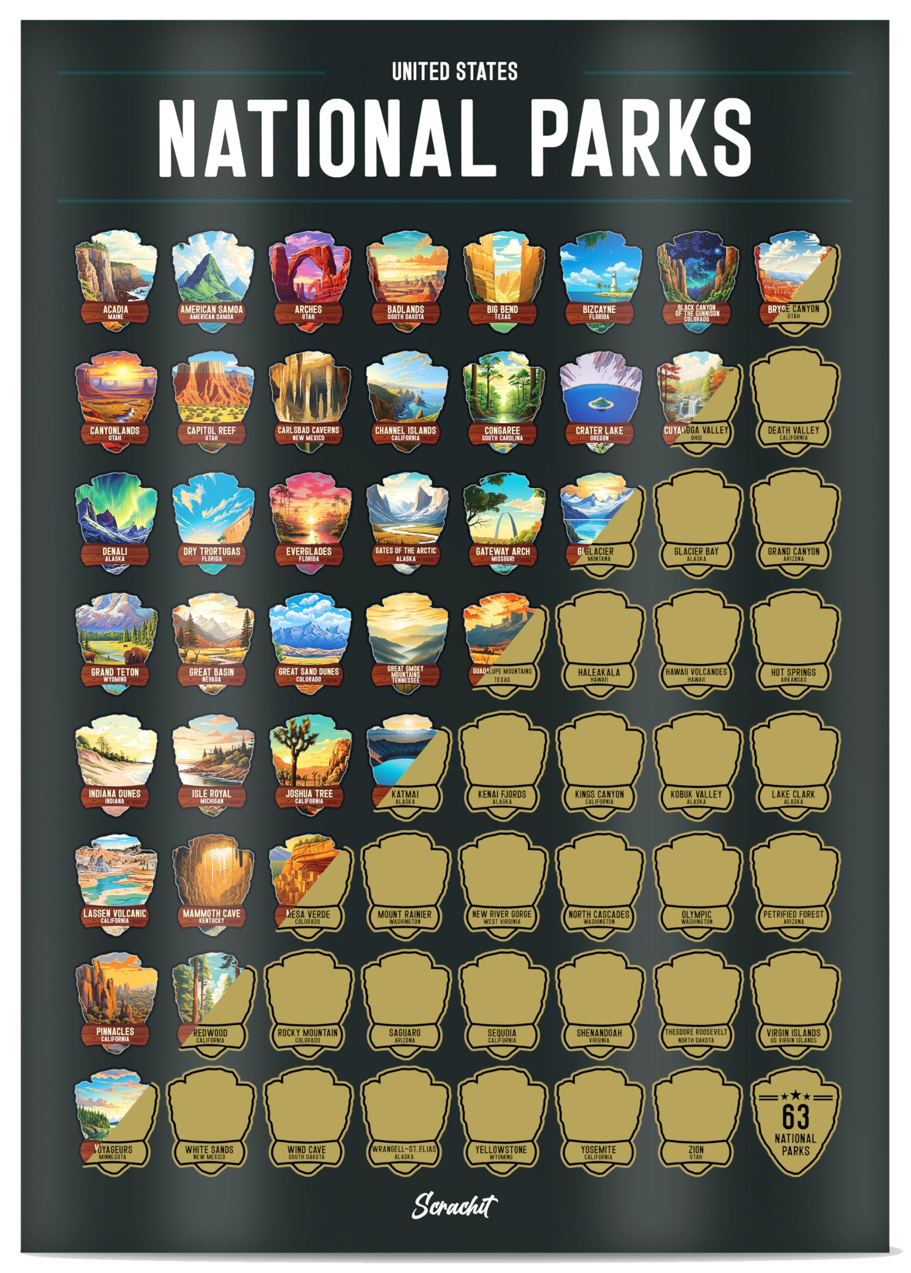 US National Park Scratch Off Poster - National Parks Gifts for Outdoor and Nature Enthusiasts - XL Size Poster - Jumbo Size Illustrations of all 63 National Parks - - Road Trip Bucket List