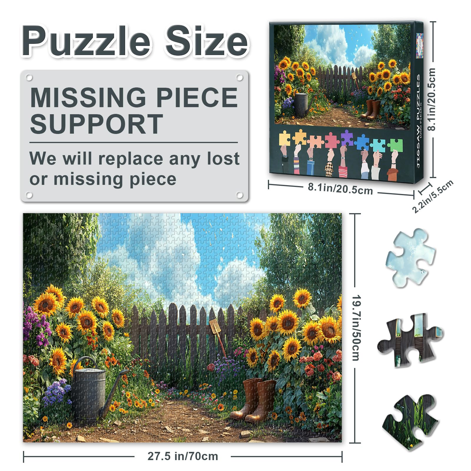 Jigsaw Puzzles 1000 Pieces for Adults Garden Path Lined Jigsaw Puzzles, Sunflowers Wildflowers Wooden Fence Puzzle - Image 2