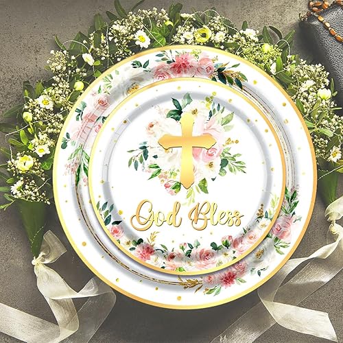 Miniatura 4 de Decoraciones de fiesta de bautismo con texto en inglés "God Bless Bautismo", platos de primera comunión, servilletas y tazas para recién nacidos,