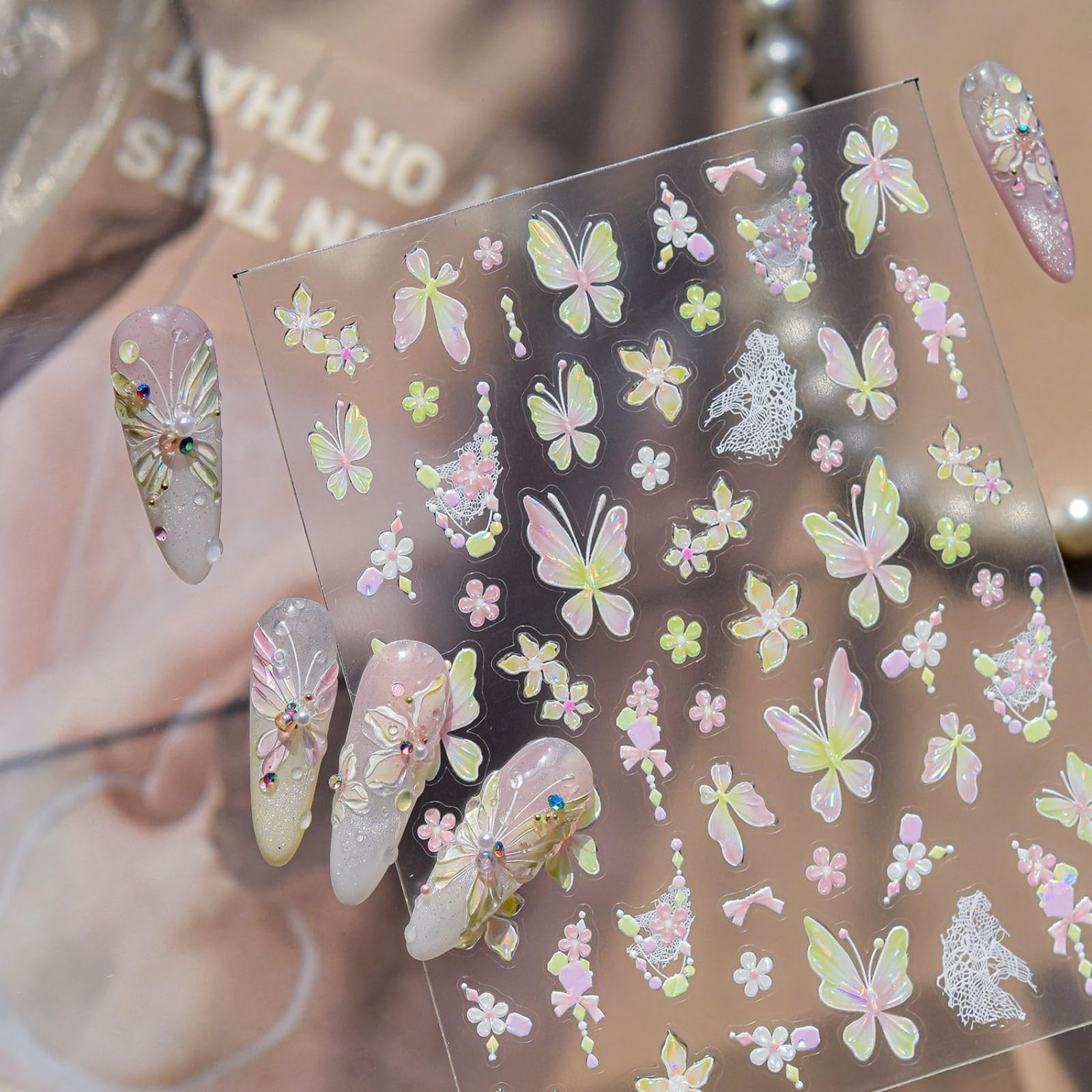 Butterfly Nail Stickers Decals Flower Nail Stickers for Nails Art with Pink Green Ombre Design 5D Embossed Self Adhesive Spring Nails Decals for Women DIY Manicure Supply Decoration Accessories