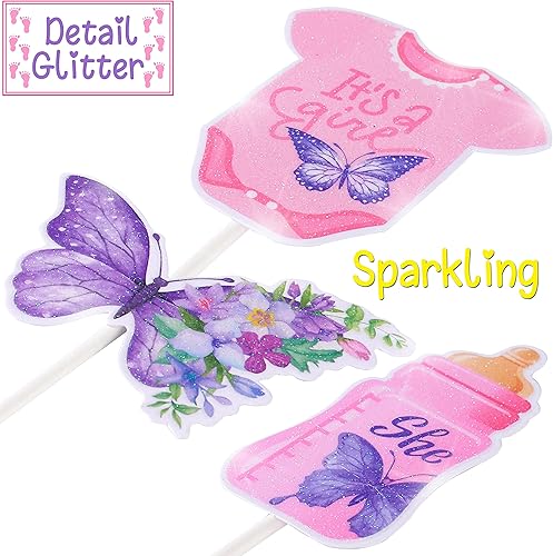 Miniatura 5 de 36 piezas de decoración de cupcakes de mariposa para baby shower con texto en inglés "It's A Girl" para fiesta de bebé, baby shower, revelación de