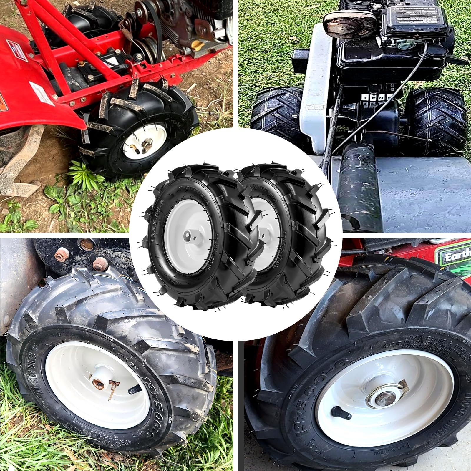 Pneu et roue de cultivateur 13x5.00-6" 2 Emballage à moyeu de 1 pouce et longueur de moyeu centré de 3-1/8 pouces, pneu de remplacement agricole à super crampons pour tracteur et trancheuse