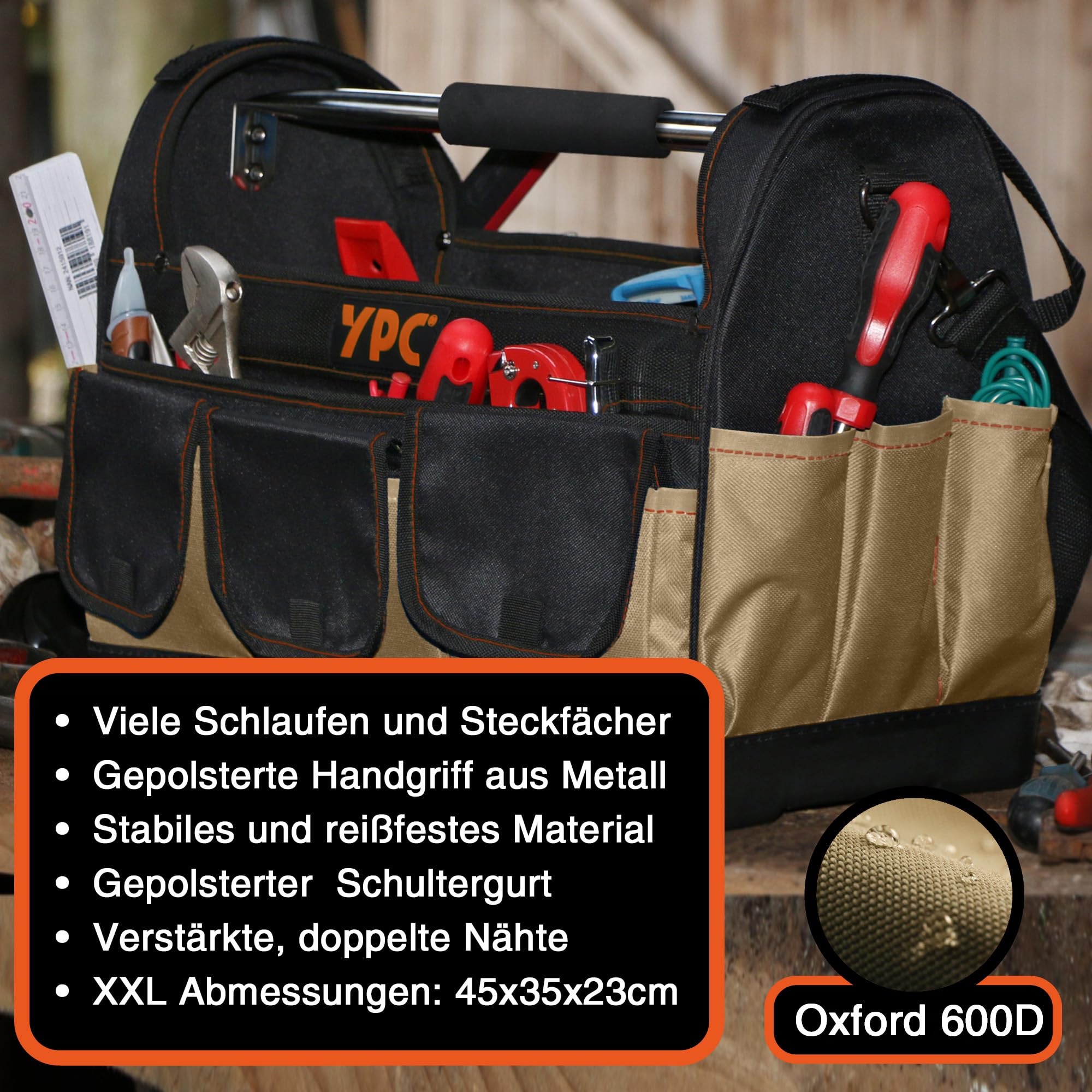 YPC Pioneer – Panier à outils XXL, sable-noir, 45x35x23cm, capacité de charge 20 kg