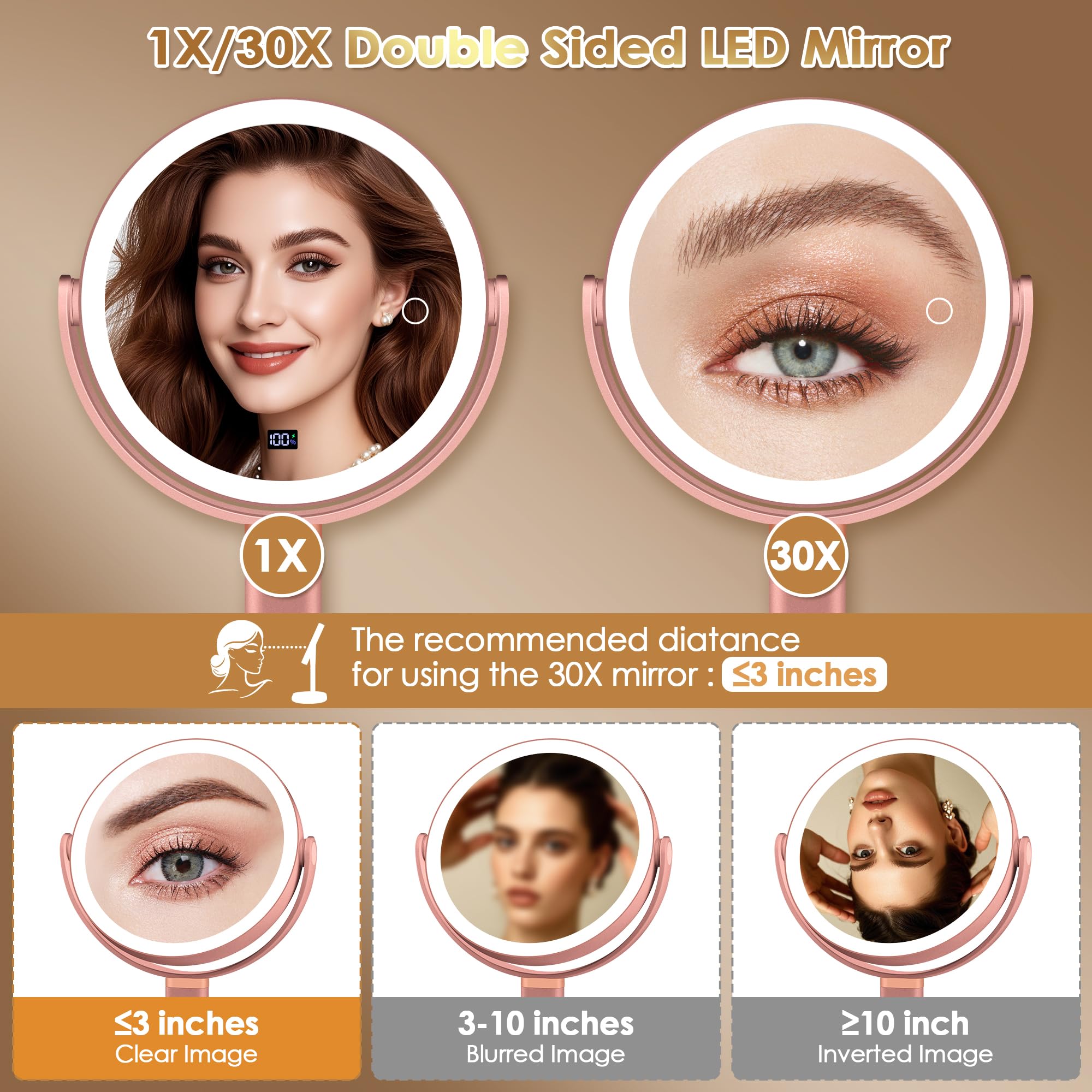 MIYADIVA Espejo de maquillaje con luces, espejo de aumento 30X/1X con pantalla digital, espejos de mesa de altura ajustable, desmontable para viajes, espejos de tocador con soportes para teléfono, oro