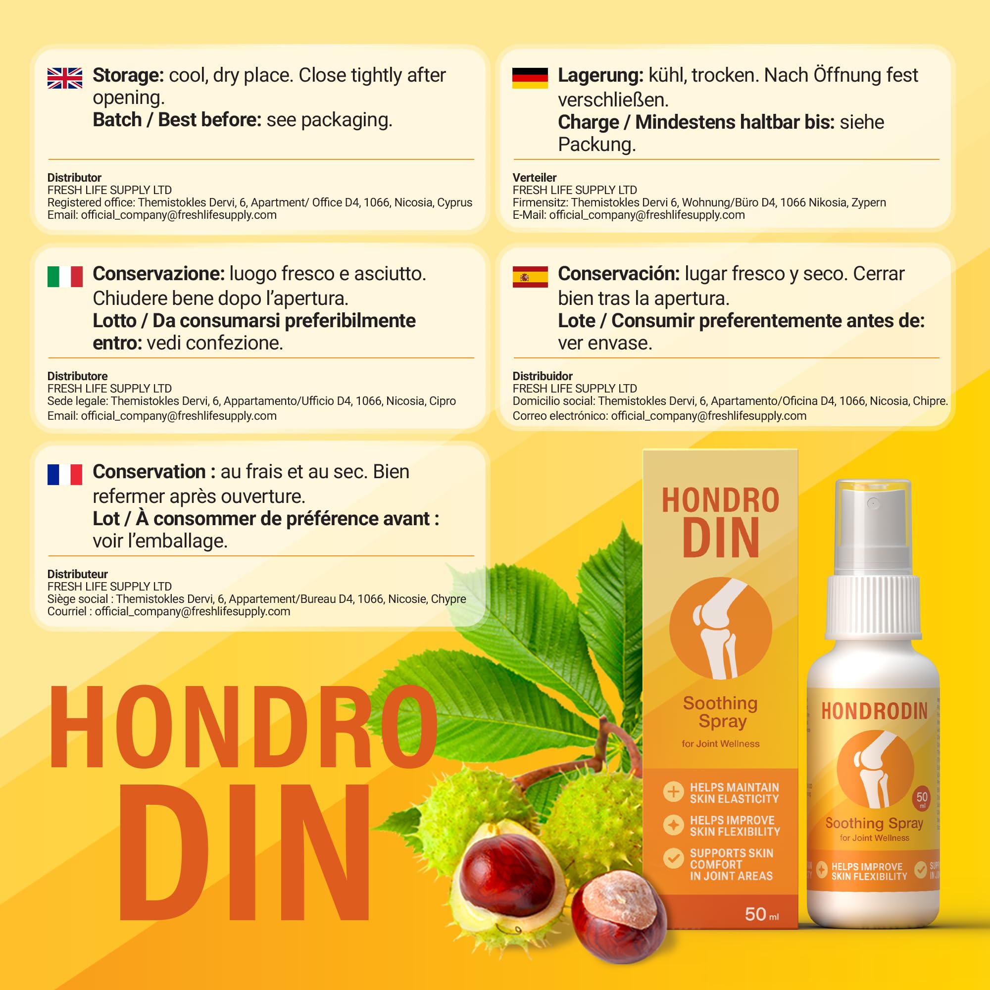 HONDRODIN Joint Health Spray 50 ml, spray massaggiante per zone articolari, supporta il comfort della pelle, aiuta a mantenere l'elasticità e la flessibilità cutanea, assorbimento rapido