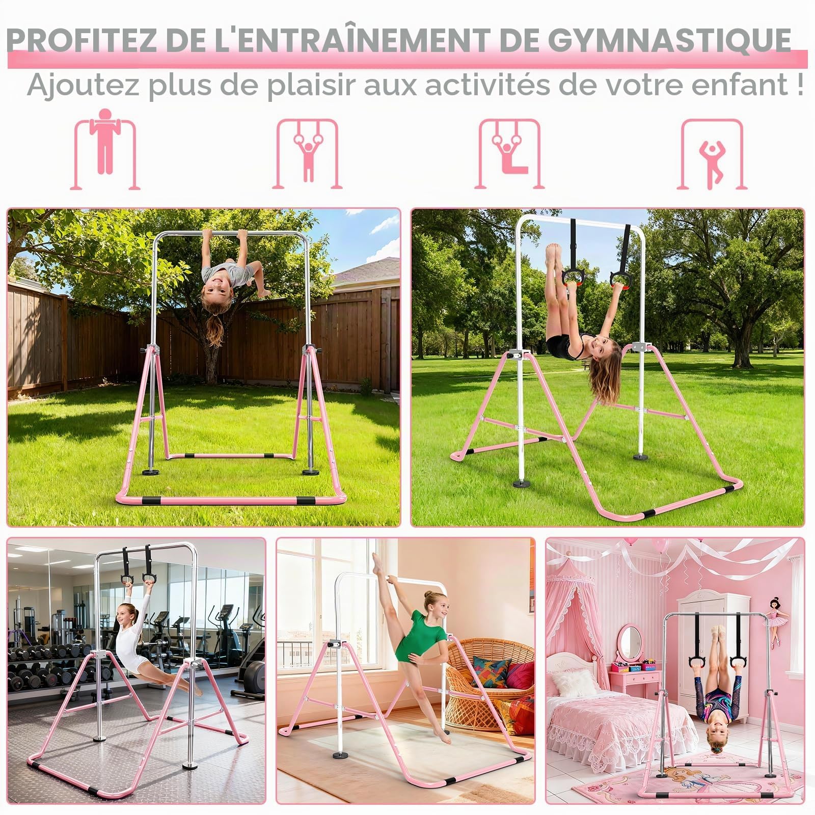 Barre de Gymnastique pour Enfants, Hauteur Réglable et Pliable – avec Anneaux, Barre Horizontale d’Intérieur pour Filles et Garçons, Équipement de Gym à la Maison