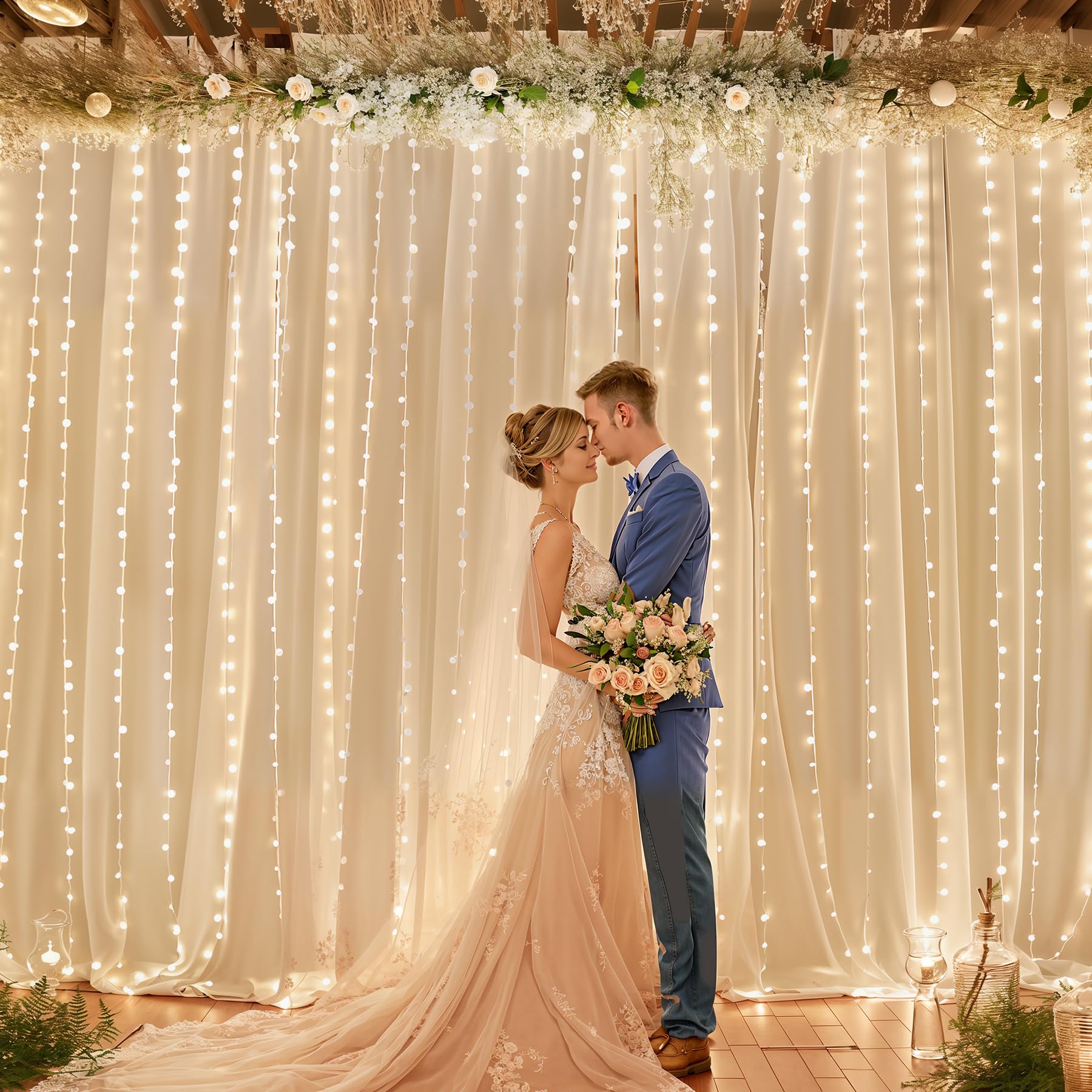 Chiffon Hintergrundvorhang Mit Lichterkette – 2 Paneele à 1,5x3 M, Lila – Für Hochzeiten, Babyparty & Deko, USB-Betrieb