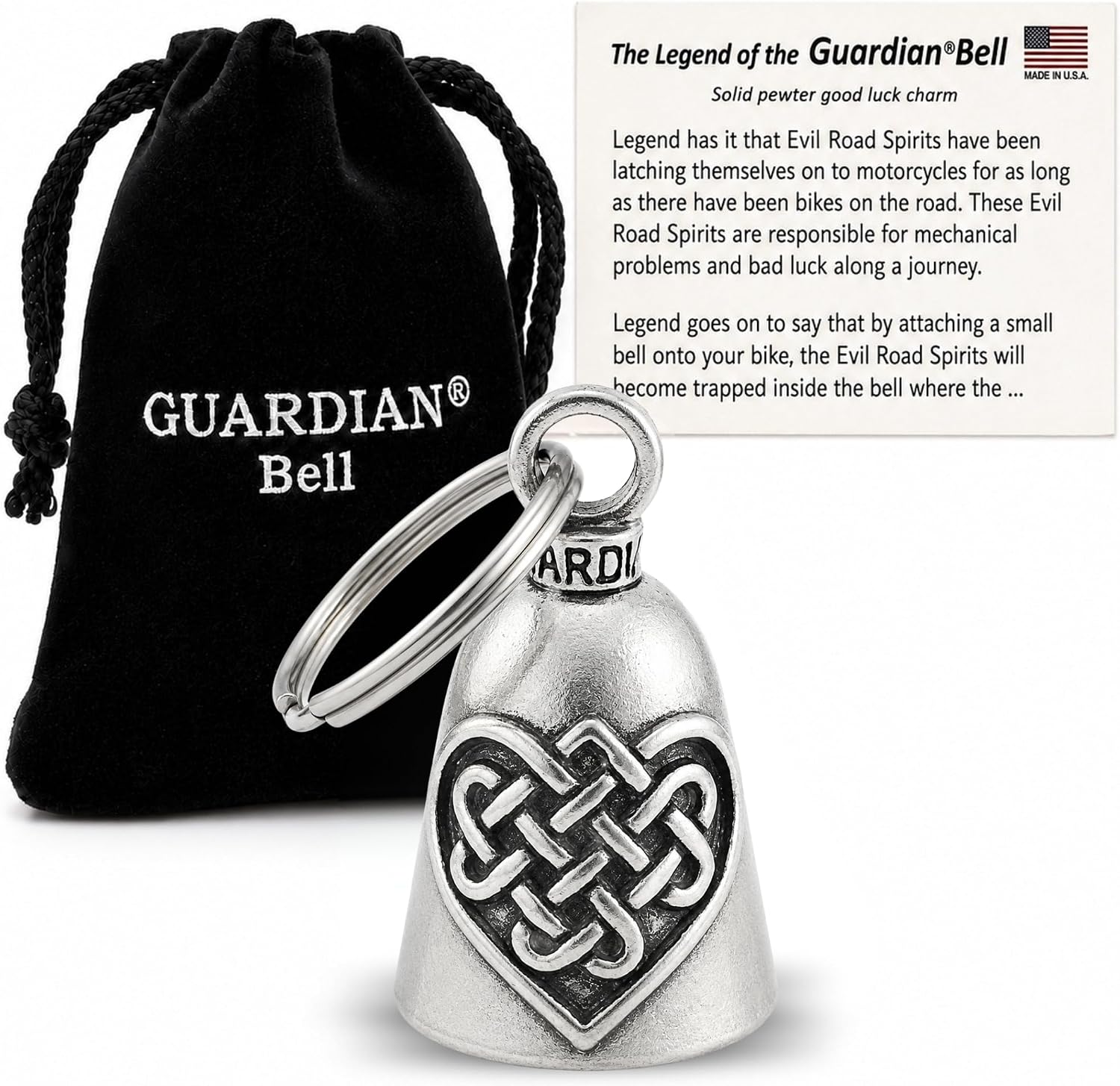Guardian Bell Celtic Good Luck Bell w/Keyring & Black Velvet Gift Bag | Motorcycle Bell | Lead-Free Pewter | Made in USA