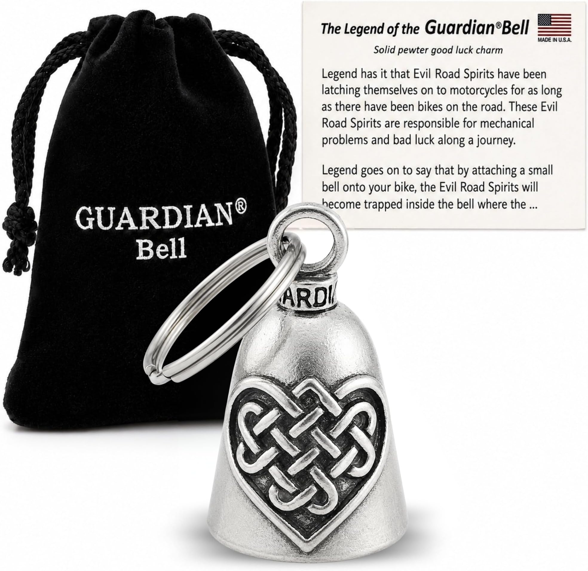Guardian Bell Celtic Good Luck Bell w/Keyring & Black Velvet Gift Bag | Motorcycle Bell | Lead-Free Pewter | Made in USA
