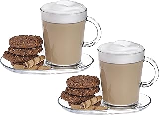 DESTALYA Coffee Mugs with Handles and Saucers Set, Clear Glass 13.52 oz Handled Cups for Hot Beverages Cold Drinks, Tea Espresso Cappuccino Hot Chocolate