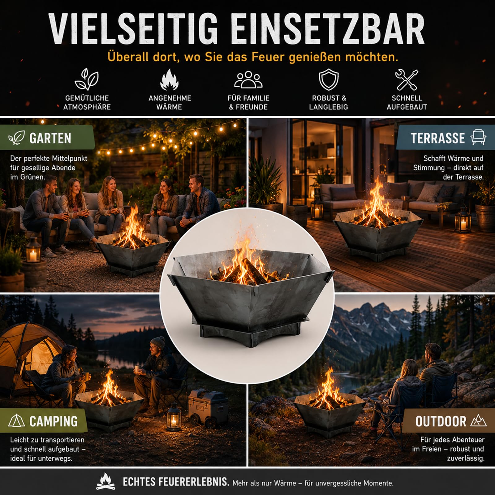 QLS Palenisko 75 x 75 cm ze stali – rozkładane palenisko do ogrodu, na taras i kemping – malowane proszkowo, surowa stal – kosz paleniskowy o nowoczesnym wzornictwie (stal surowa)
