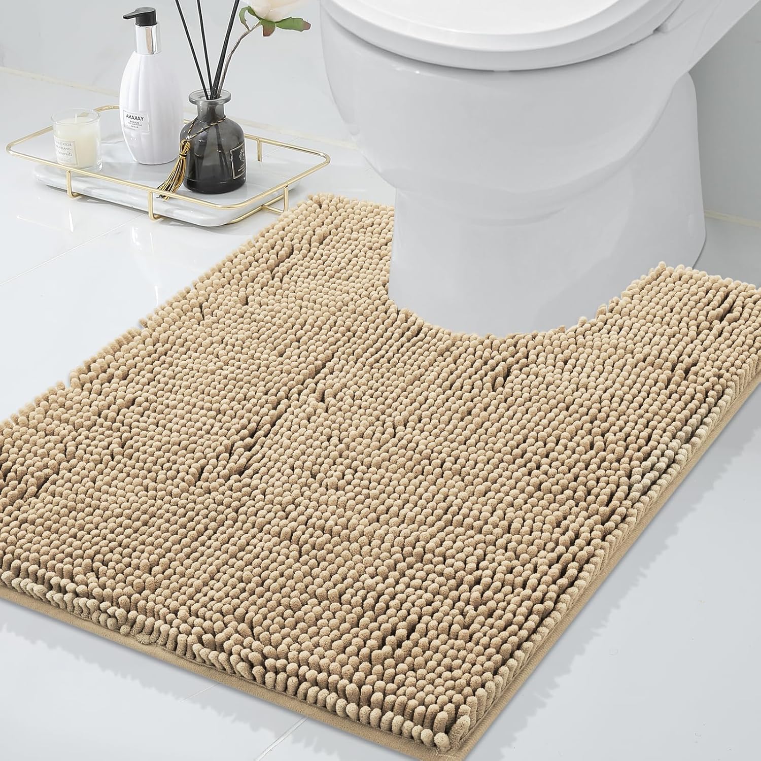 Smiry Chenille Bathroom Rugs 30x20 and U-Shaped Toilet Bath Rugs 24x20, Extra Soft and Absorbent Shaggy Bath Mat, Machine Washable, Non-Slip Plush Carpet, Beige