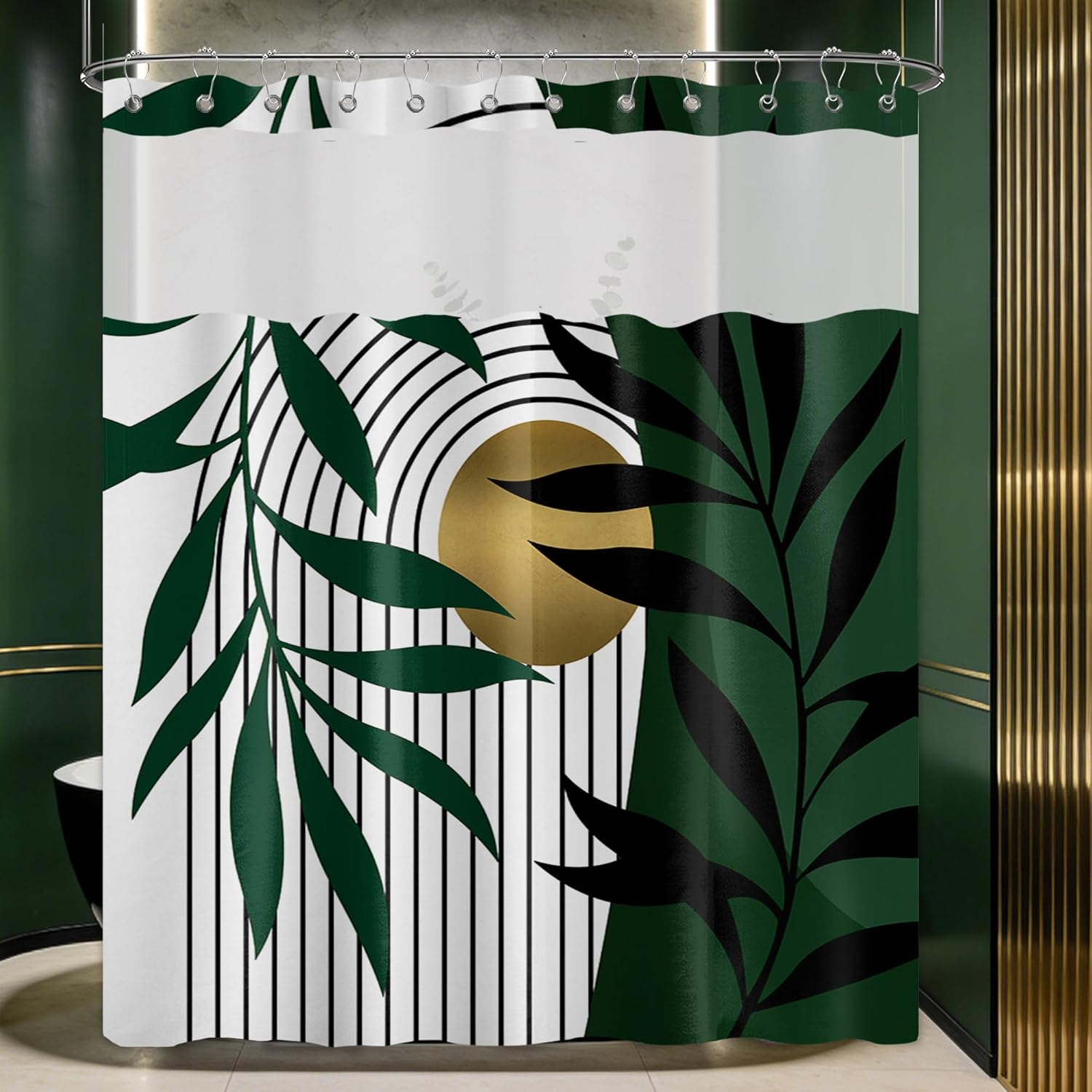 Olive Green See Through Mesh Top Shower Curtain with Window, Boho Mid Century Double Layer Shower Curtains with Snap in Liner with Magnets, Waterproof Cloth Fabric with Hooks, 71" W x 72" L