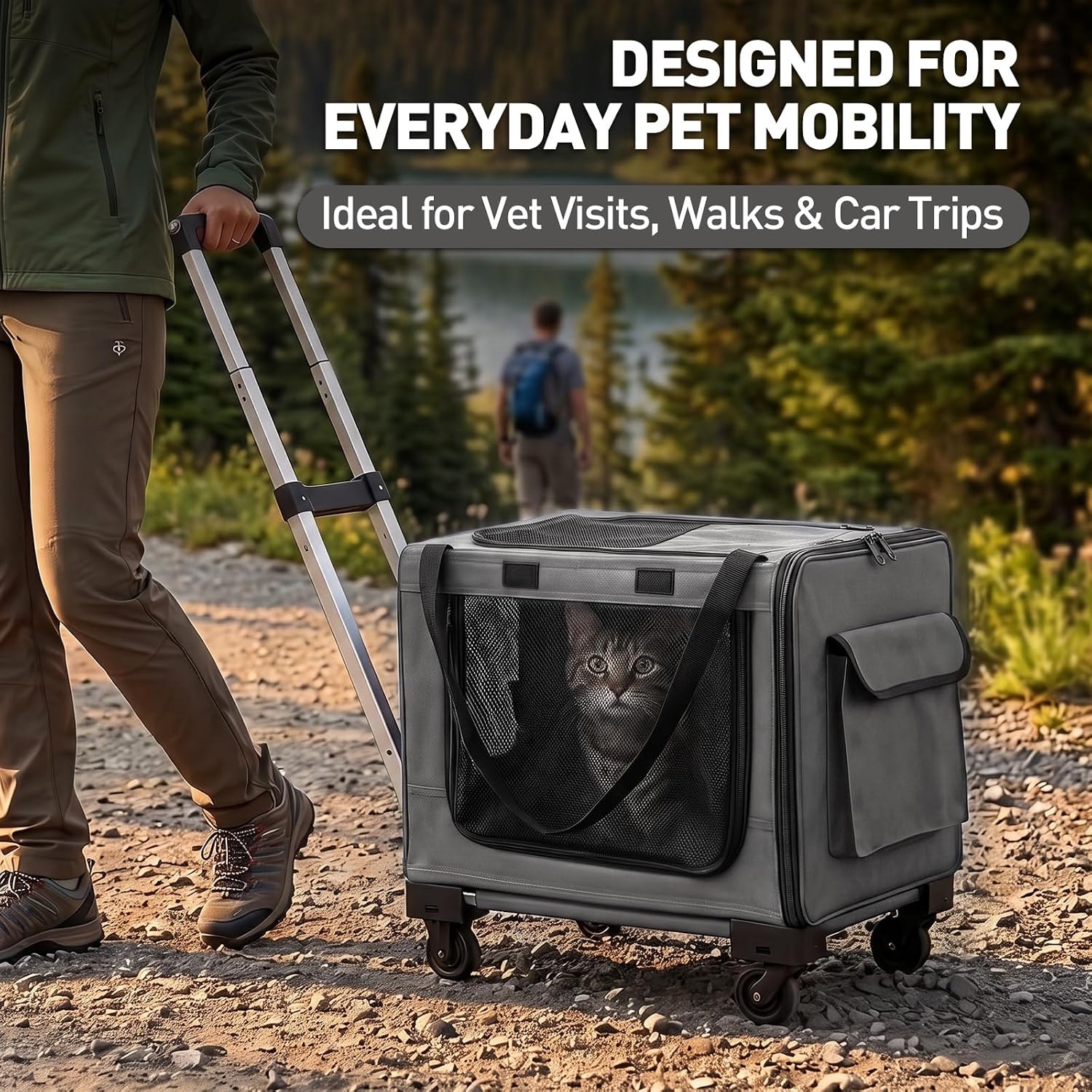 Rolling Cat Carrier with Wheels, 16.5 x 13 x 11.8 in, Light Gray | Expandable soft-sided carrier with detachable wheels, telescopic handle and breathable mesh for cats and small dogs