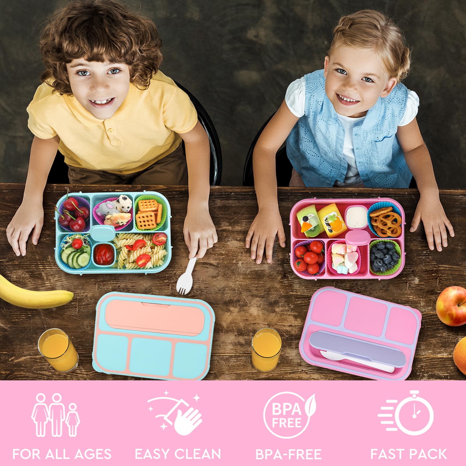 MaMix Bento Box per bambini, portapranzo per bambini, contenitori per il pranzo per adulti, 4 scomparti, a prova di perdite, con posate per salsa e snack (rosa