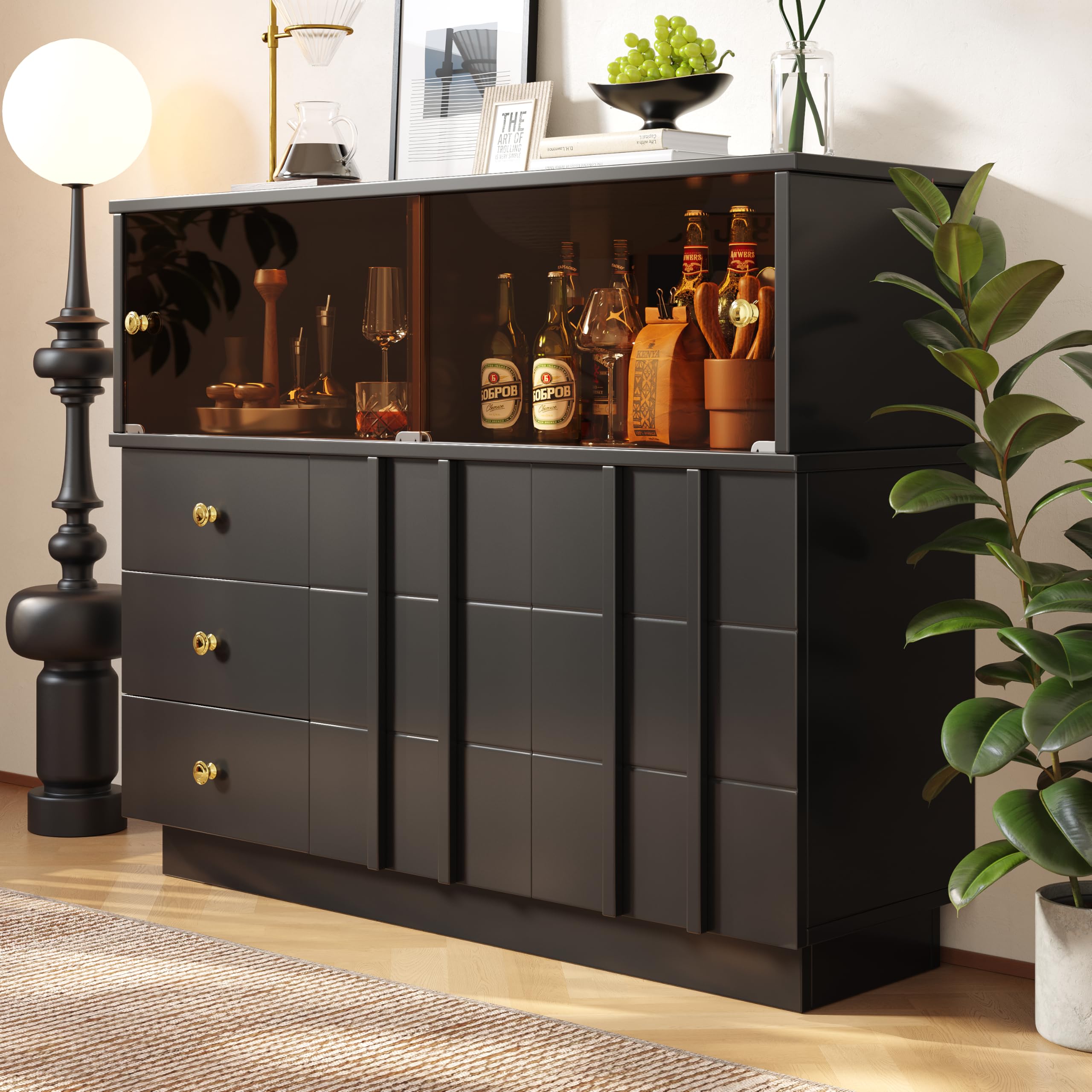 Mobile da cucina, credenza nera con ante fumose in vetro, 120 x 33 x 95 cm, design moderno.