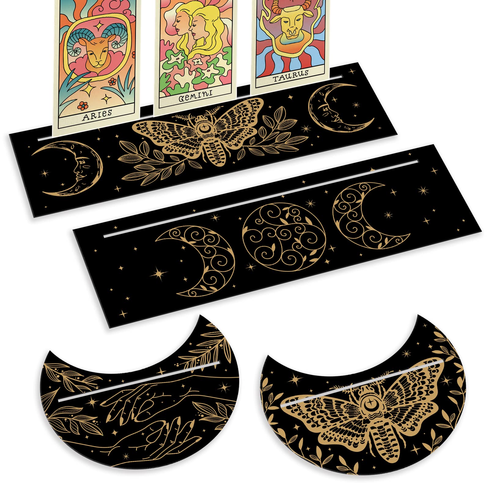 Soporte Para Cartas Del Tarot De Madera – 2 Piezas Con Diseños De Luna, Sol Y Polilla – Formas Rectángulo Y Media Luna, Ideal Para Altares Y Rituales De Adivinación